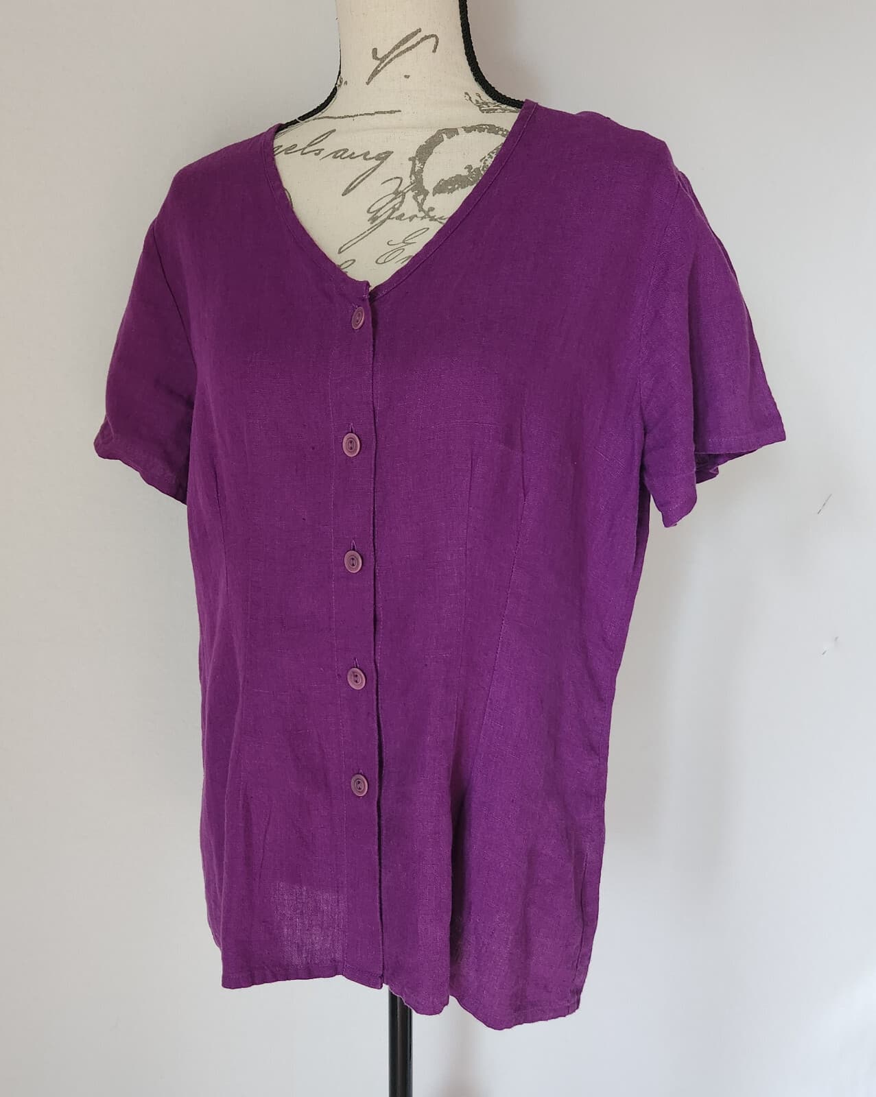 FLAX 100%Linen Button-Front Top Slim Fit V-Neck Short Sleeve Purple Bust 42" (L) - Thumbnail 2