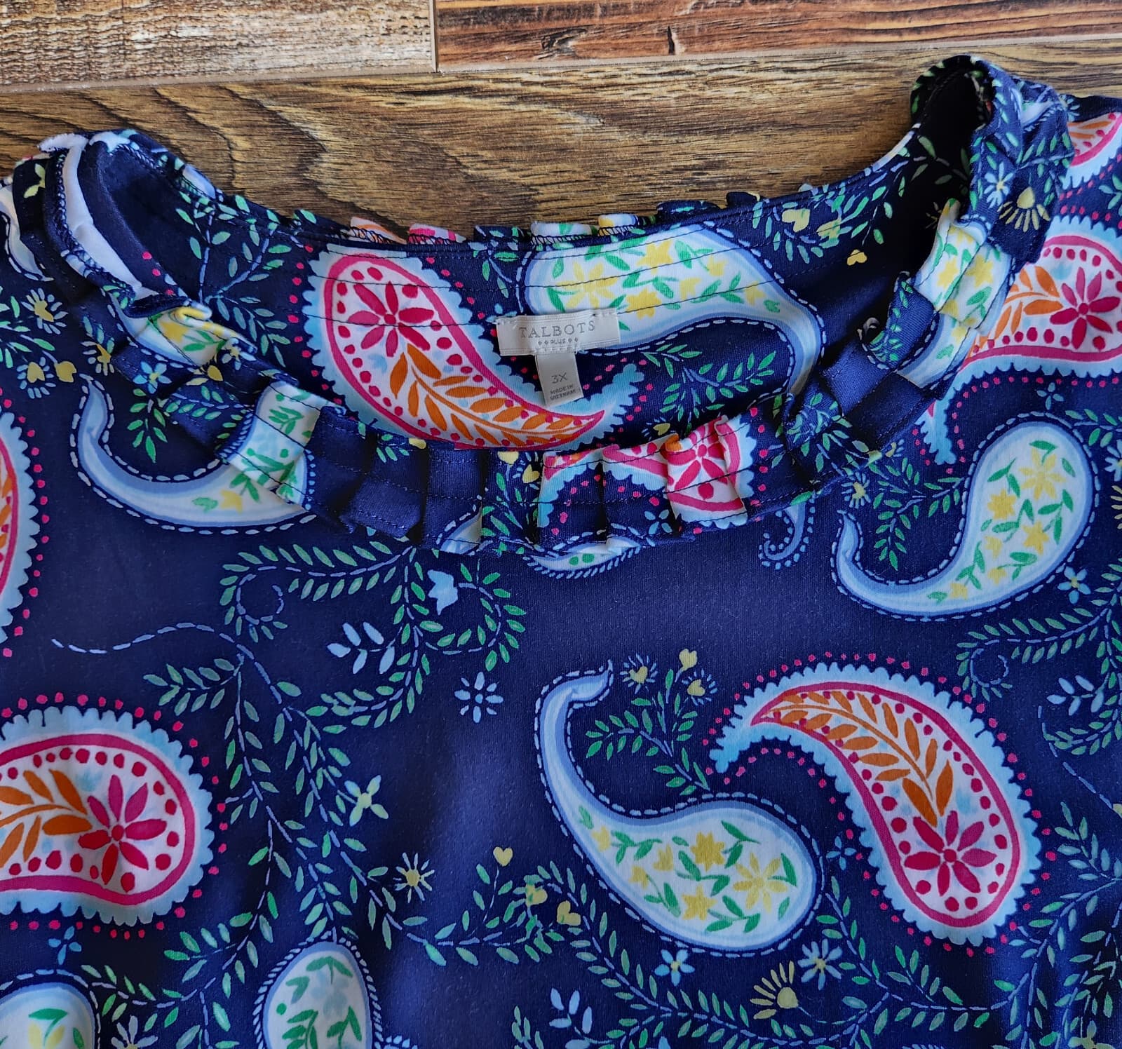 Talbots Pleat-Neck Paisley Tunic Shift Dress Sleeveless Cotton Knit Blue Sz.3X - Thumbnail 13