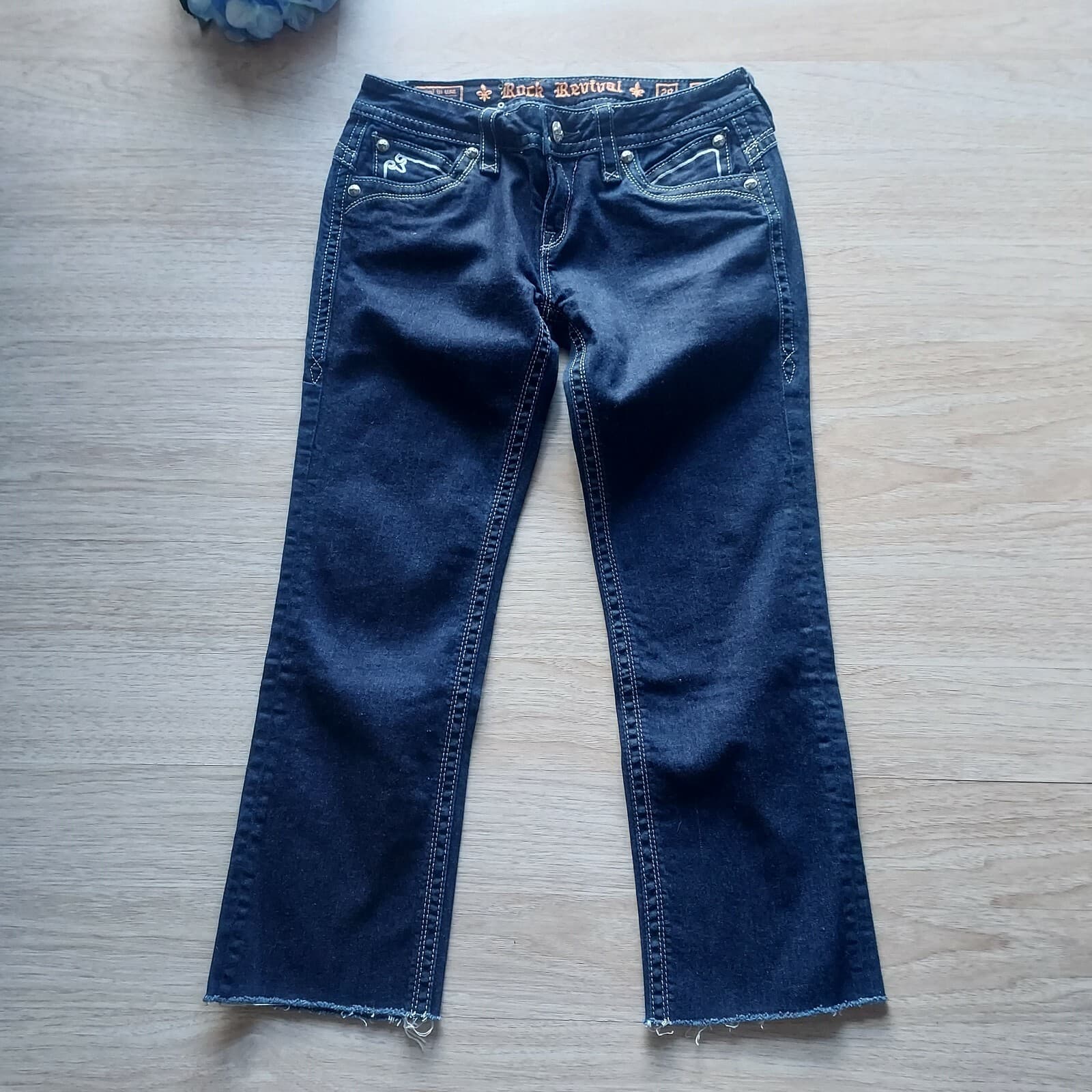 Rock Revival Heather Easy Straight Embellished Crop Jeans Raw Hem Blue Women 29 - Thumbnail 2