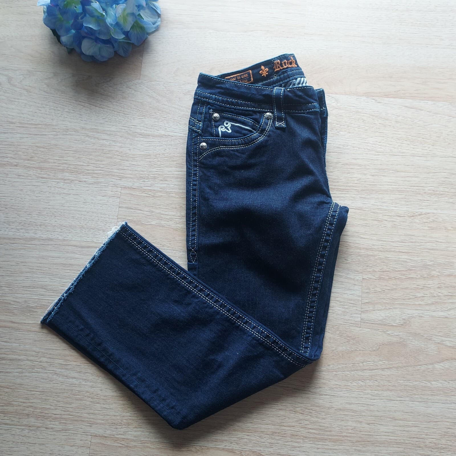 Rock Revival Heather Easy Straight Embellished Crop Jeans Raw Hem Blue Women 29 - Thumbnail 3