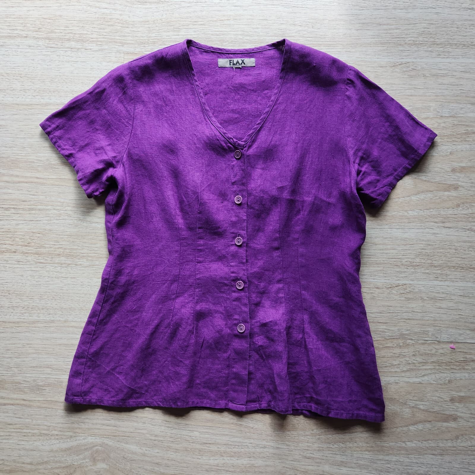 FLAX 100%Linen Button-Front Top Slim Fit V-Neck Short Sleeve Purple Bust 42" (L) - Thumbnail 3