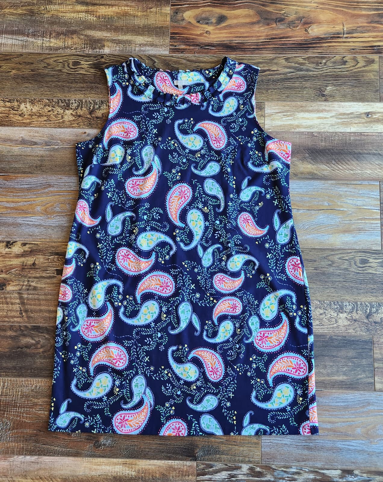 Talbots Pleat-Neck Paisley Tunic Shift Dress Sleeveless Cotton Knit Blue Sz.3X - Thumbnail 10