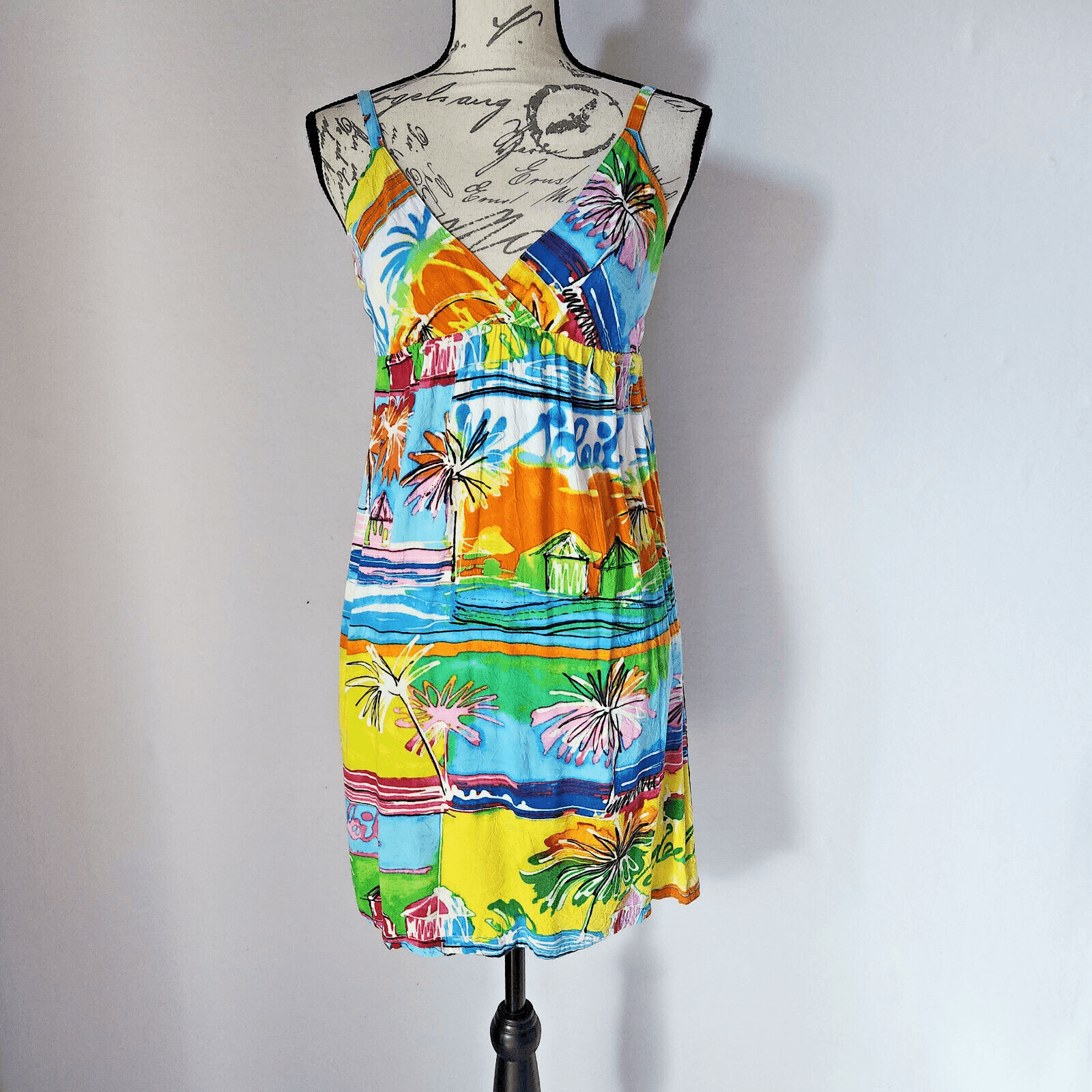 Jams World Hawaiian Mini Sun Dress Straps Sleeveless Rayon Ocean Villa Sz.S