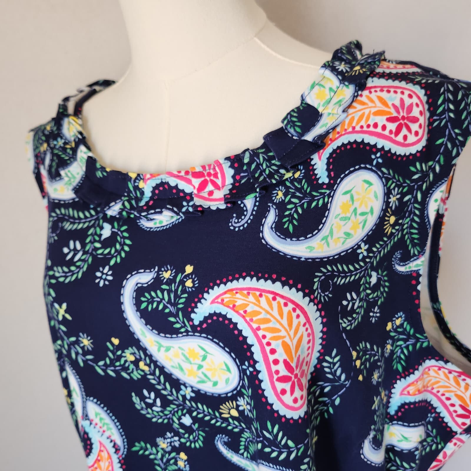 Talbots Pleat-Neck Paisley Tunic Shift Dress Sleeveless Cotton Knit Blue Sz.3X - Thumbnail 5