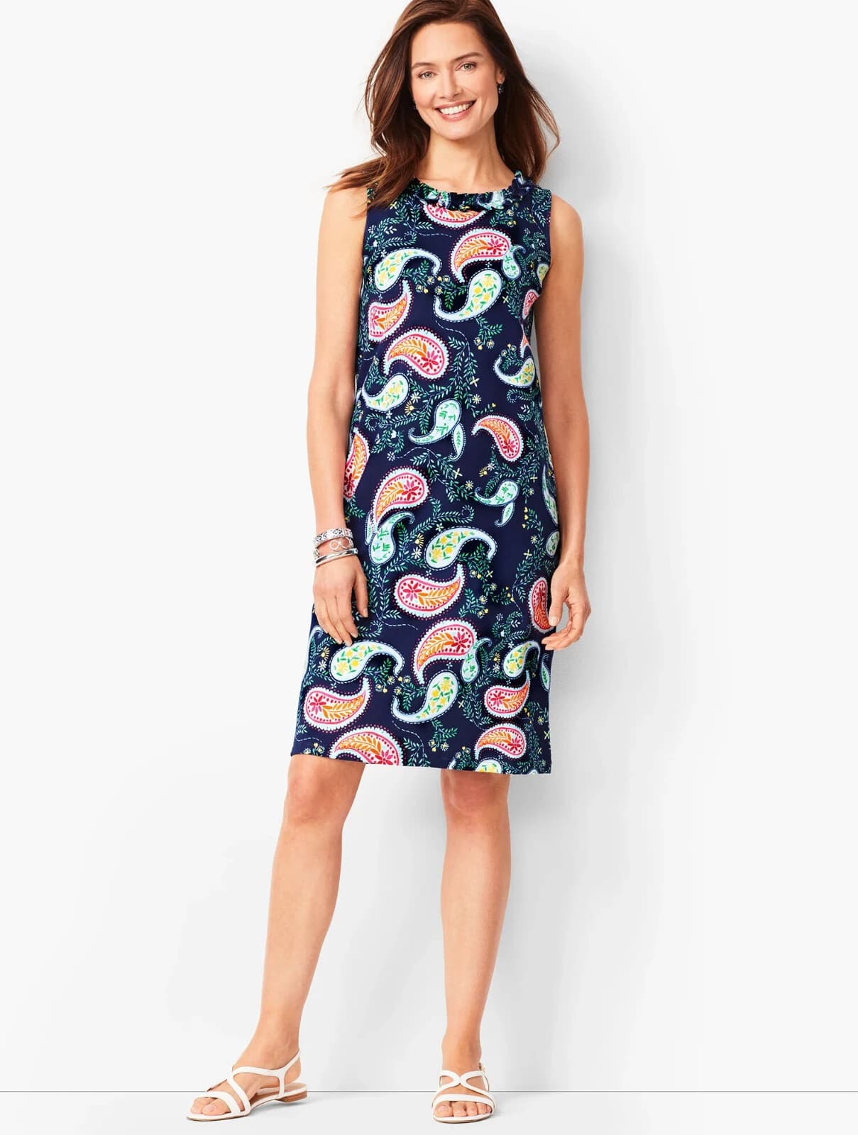 Talbots Pleat-Neck Paisley Tunic Shift Dress Sleeveless Cotton Knit Blue Sz.3X - Thumbnail 4