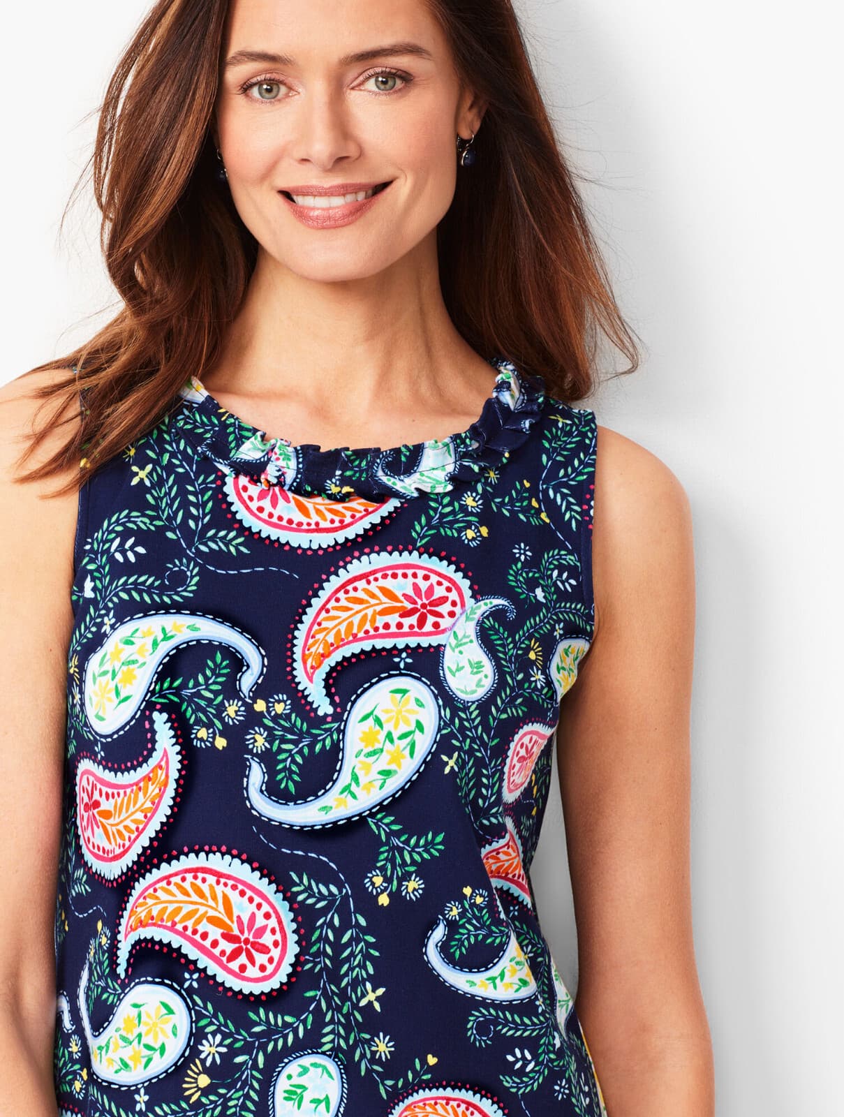 Talbots Pleat-Neck Paisley Tunic Shift Dress Sleeveless Cotton Knit Blue Sz.3X - Thumbnail 6