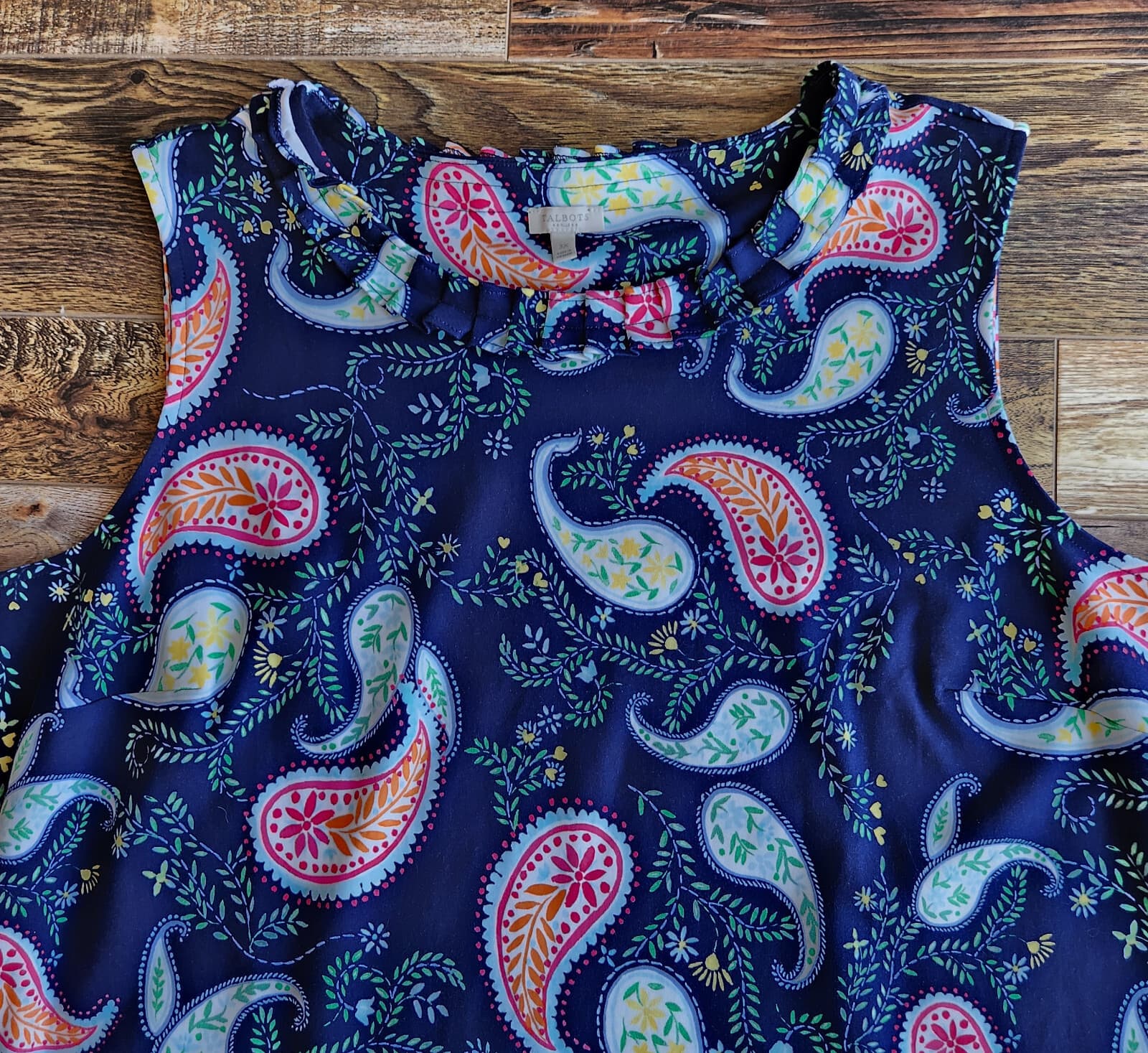 Talbots Pleat-Neck Paisley Tunic Shift Dress Sleeveless Cotton Knit Blue Sz.3X - Thumbnail 12