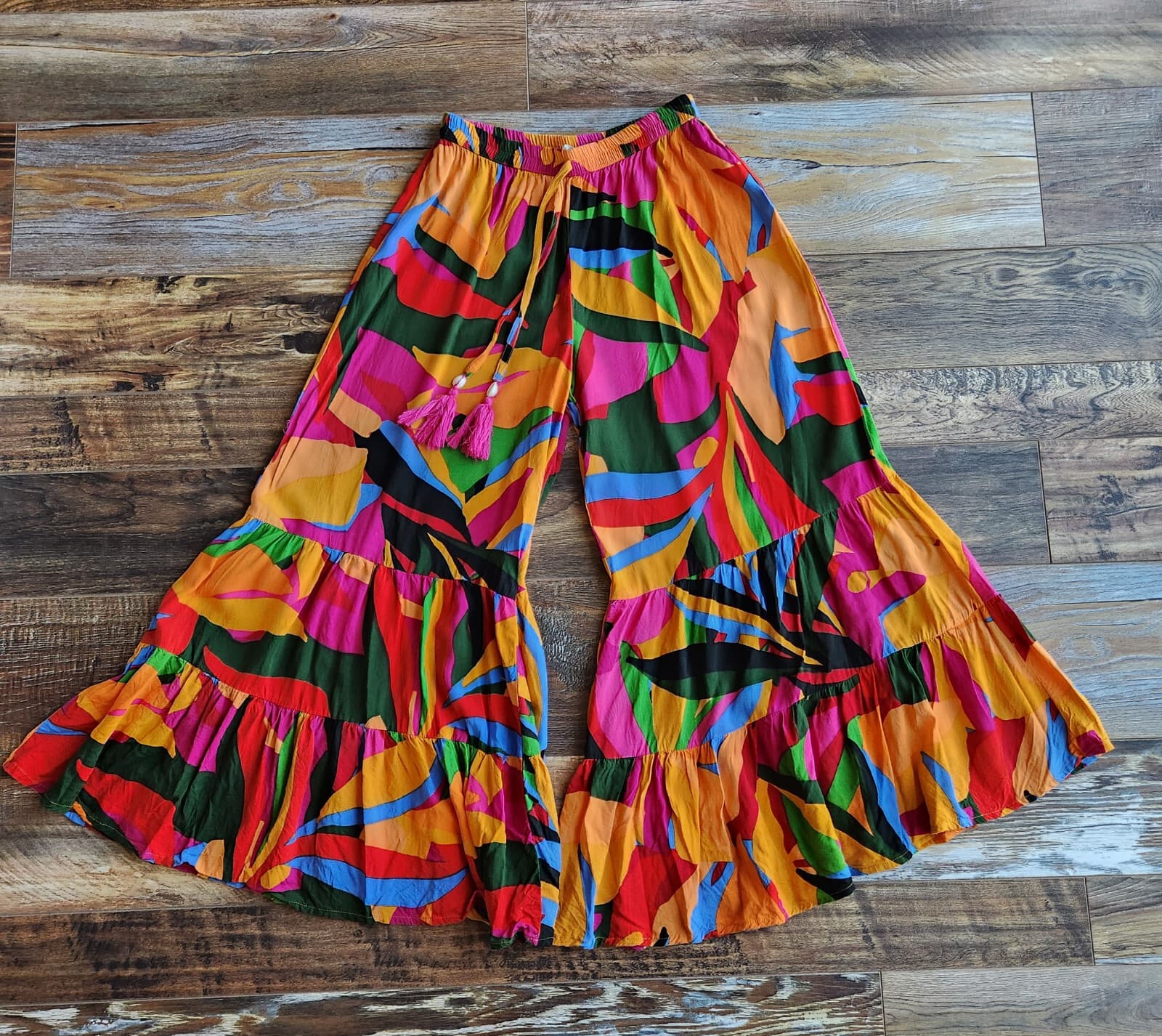 True Destinations Resort Wear Beach Tiered Flare-Leg Pants Pull-On Multicolor L - Thumbnail 2