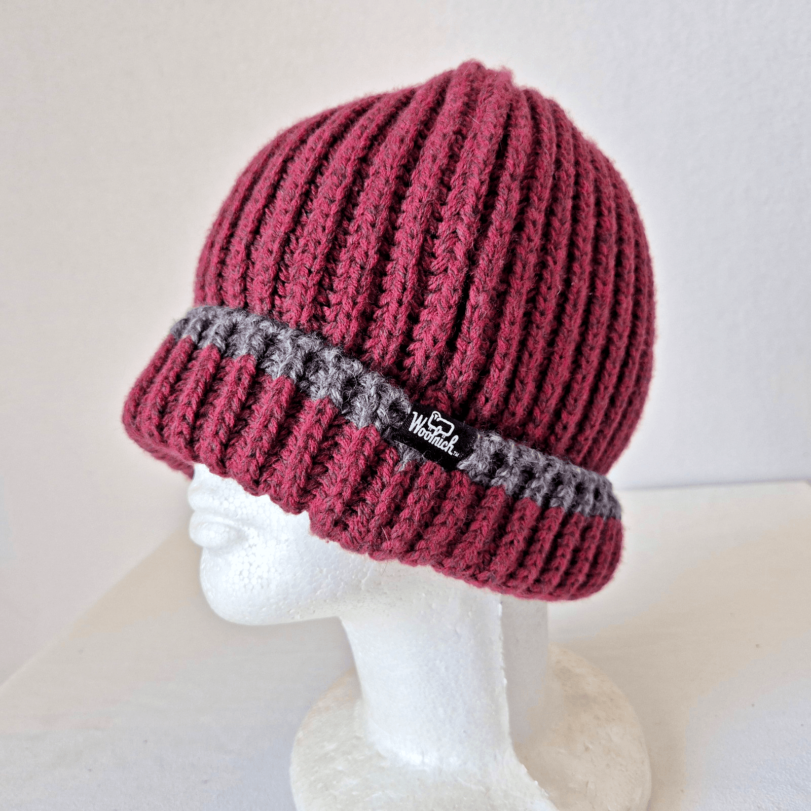 Woolrich Wool Blend Ribbed Knit Fold Cuff Winter Beanie Red Grey Unisex One Size - Thumbnail 6