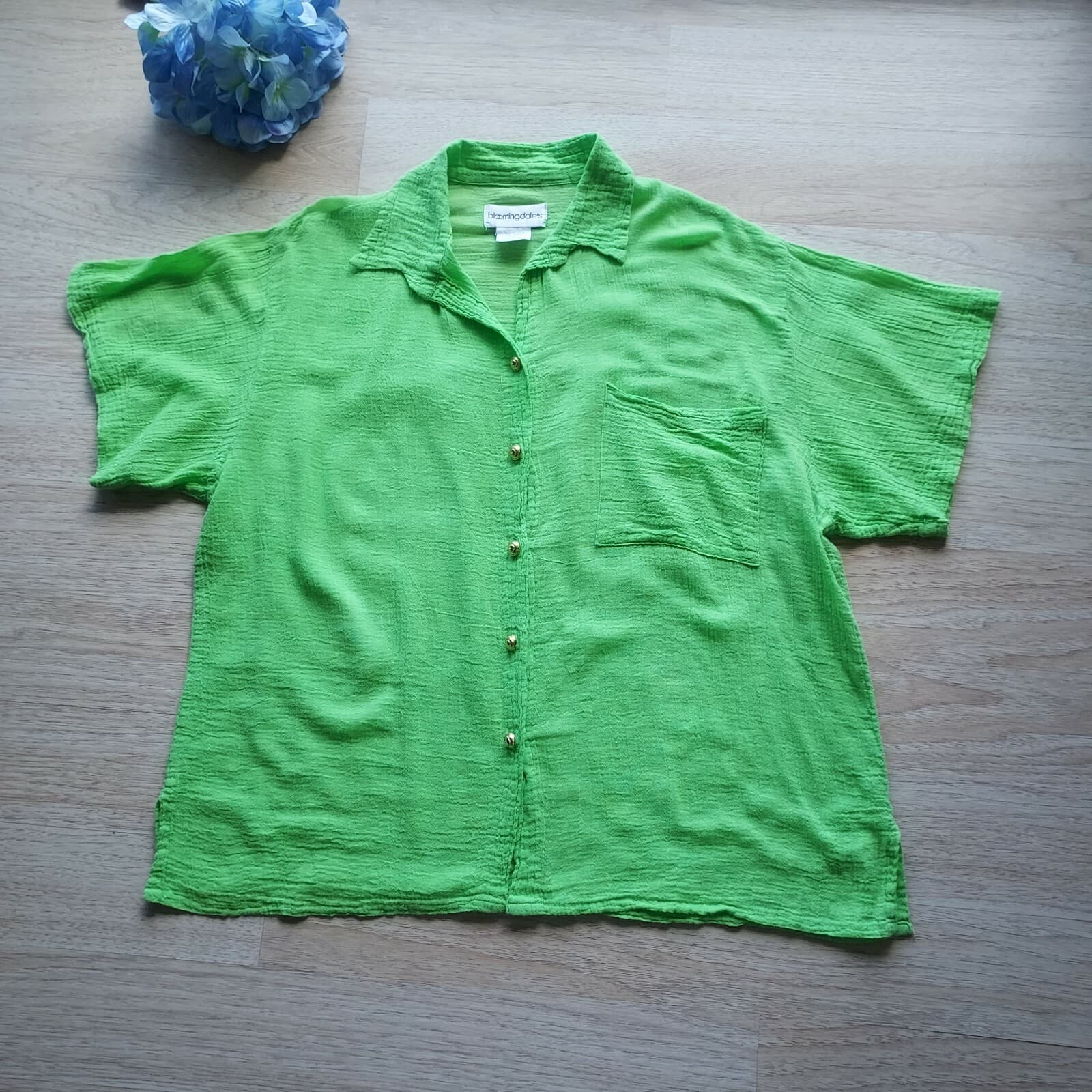 Bloomingdale's Gauzy Tunic Shirt Short Sleeve Button Cotton Green L Made in USA - Thumbnail 5