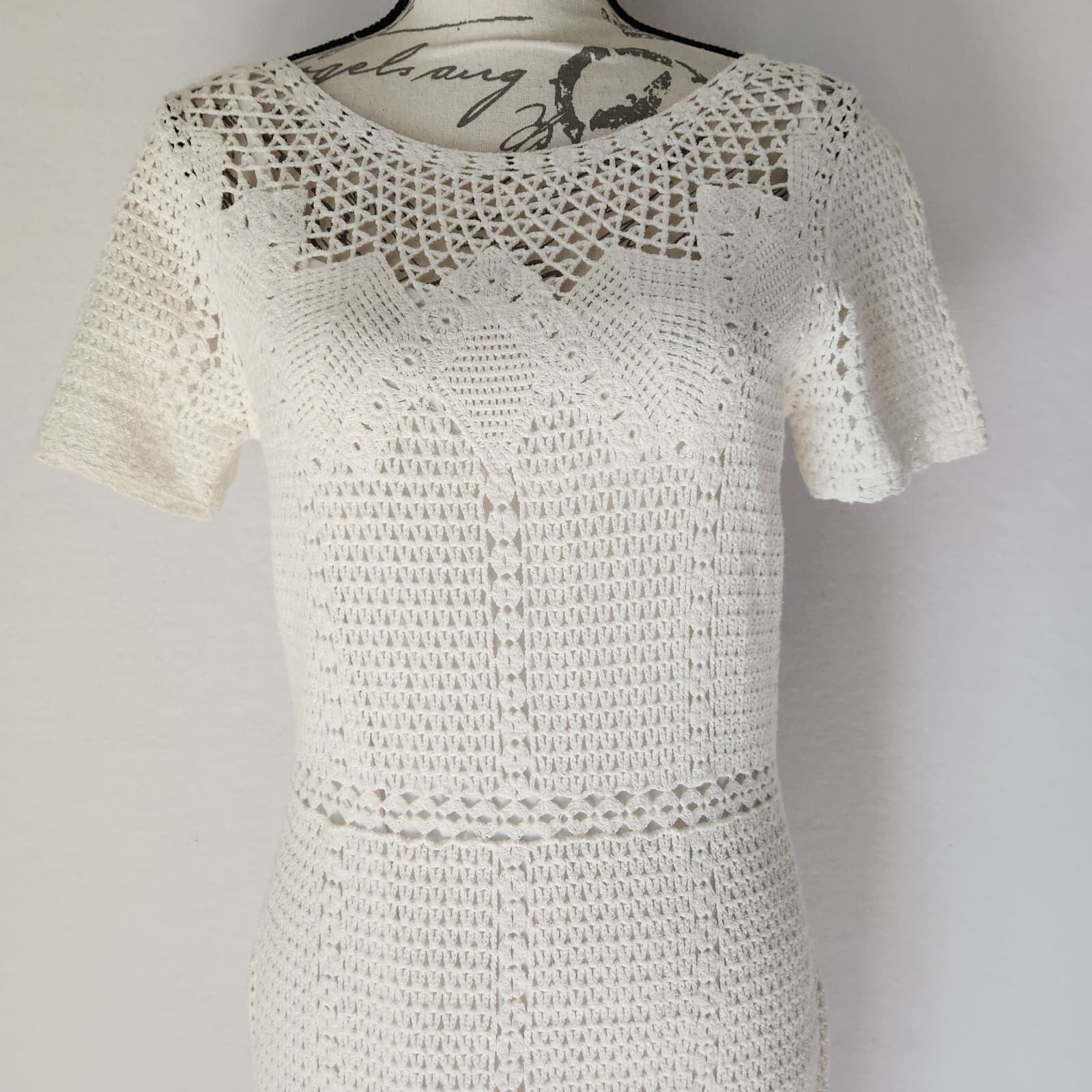 Lauren Ralph Lauren White Cotton Crochet Sheath Dress Lined Short Sleeve Sz.M - Thumbnail 5