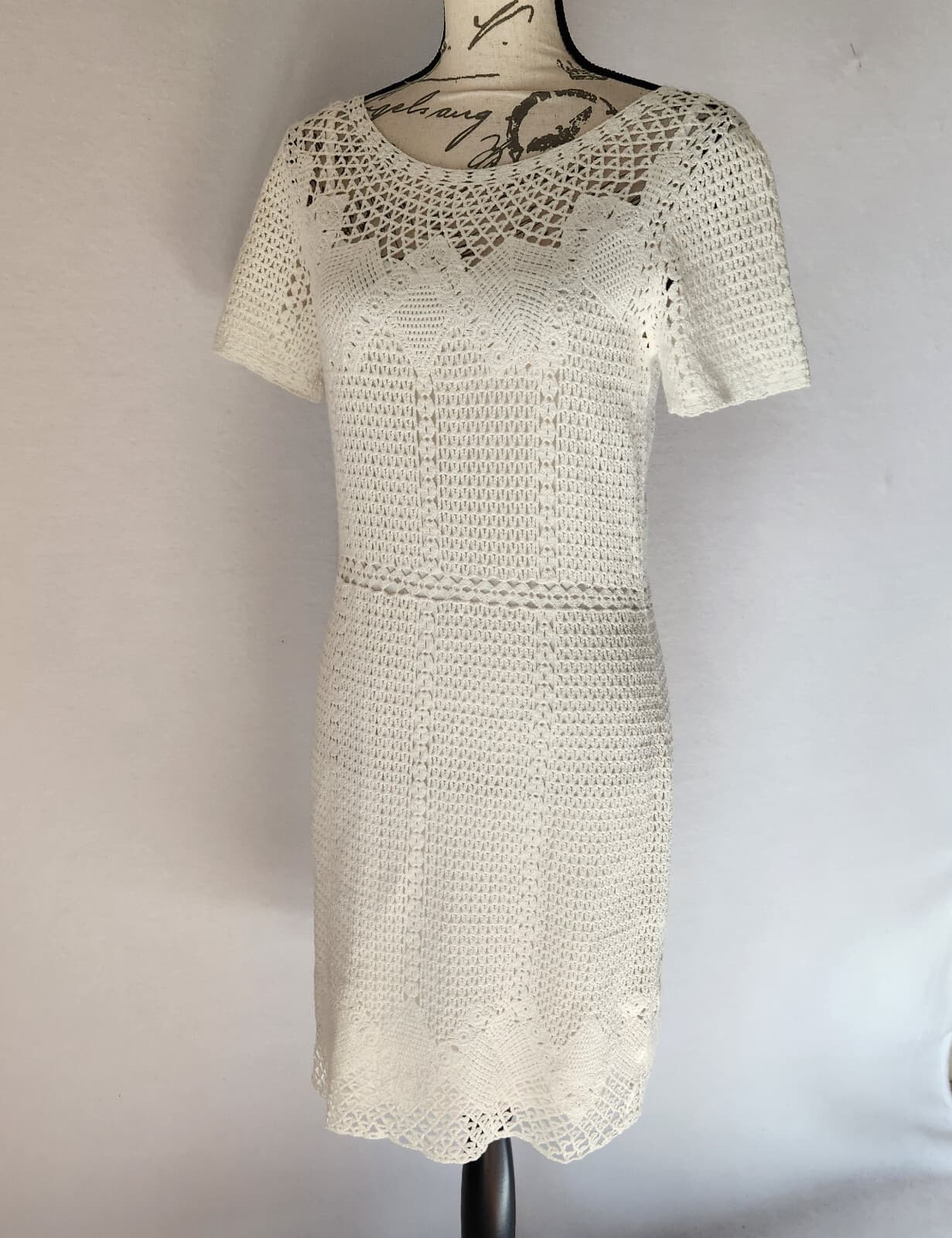 Lauren Ralph Lauren White Cotton Crochet Sheath Dress Lined Short Sleeve Sz.M - Thumbnail 7