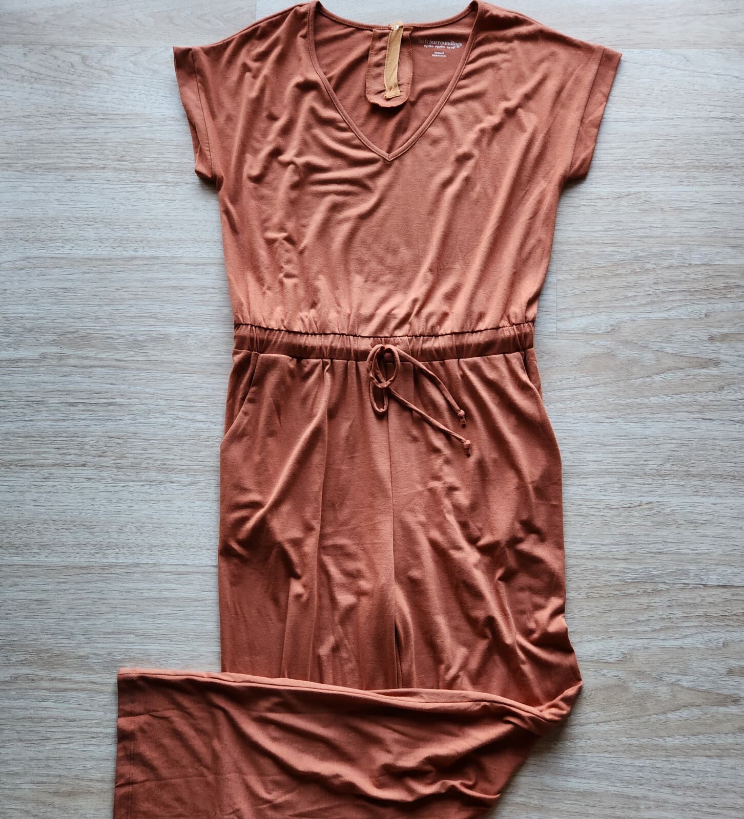 Soft Surroundings Roslyn Jumpsuit Short Sleeve V-Neck TieWaist Orange Brown Sz.M - Thumbnail 5