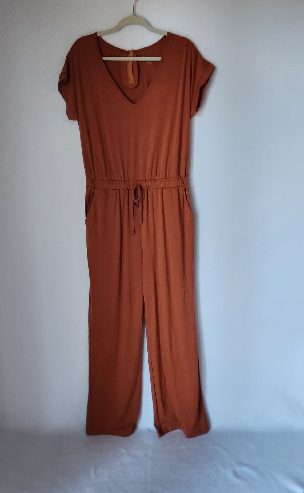 Soft Surroundings Roslyn Jumpsuit Short Sleeve V-Neck TieWaist Orange Brown Sz.M - Thumbnail 3