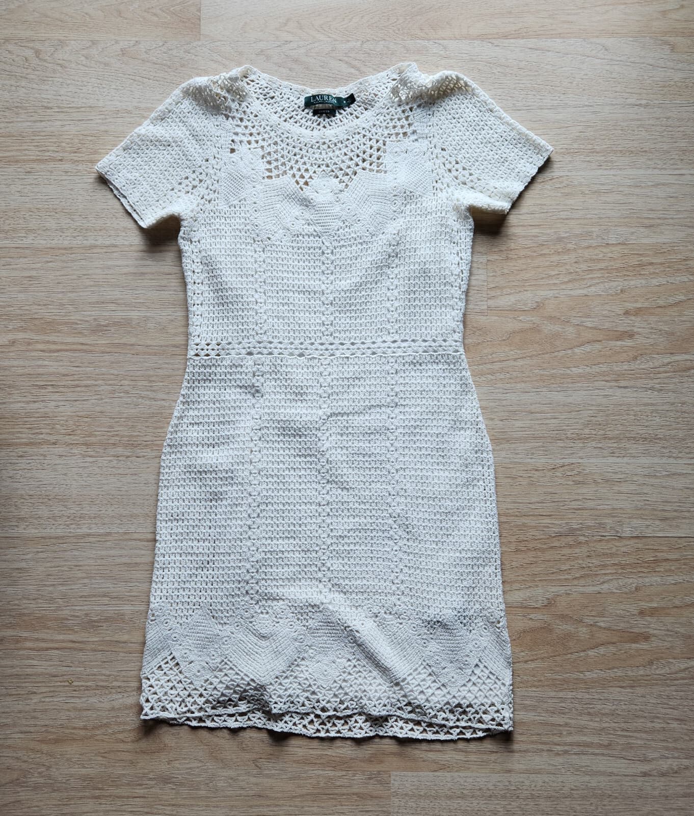 Lauren Ralph Lauren White Cotton Crochet Sheath Dress Lined Short Sleeve Sz.M - Thumbnail 3