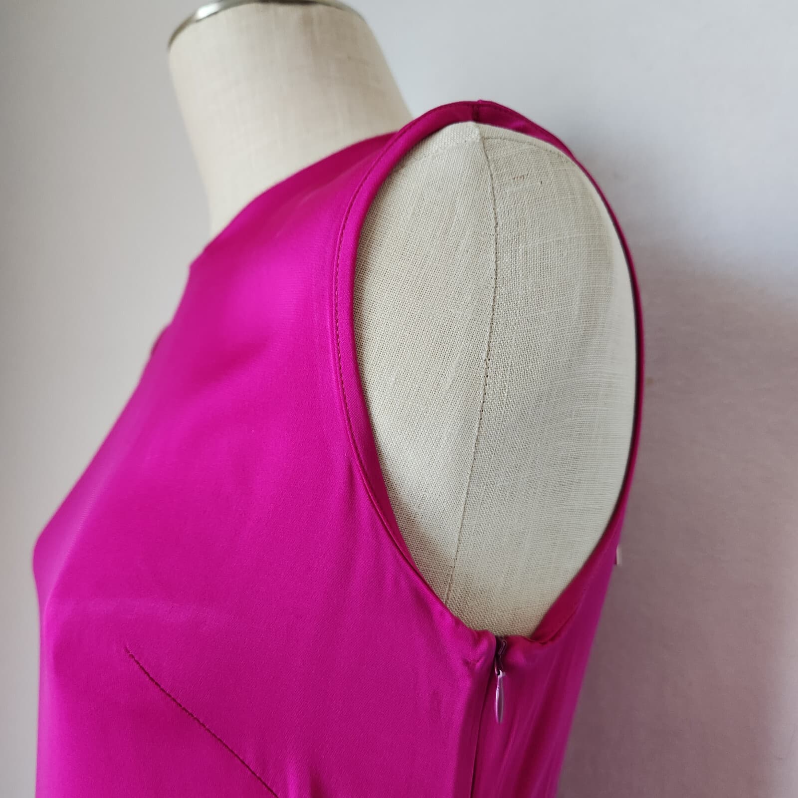 NWT MILLY Chiara Silk Shift Dress Asymmetric Tie-Hem Sleeveless Pink Magen Sz.6 - Thumbnail 5