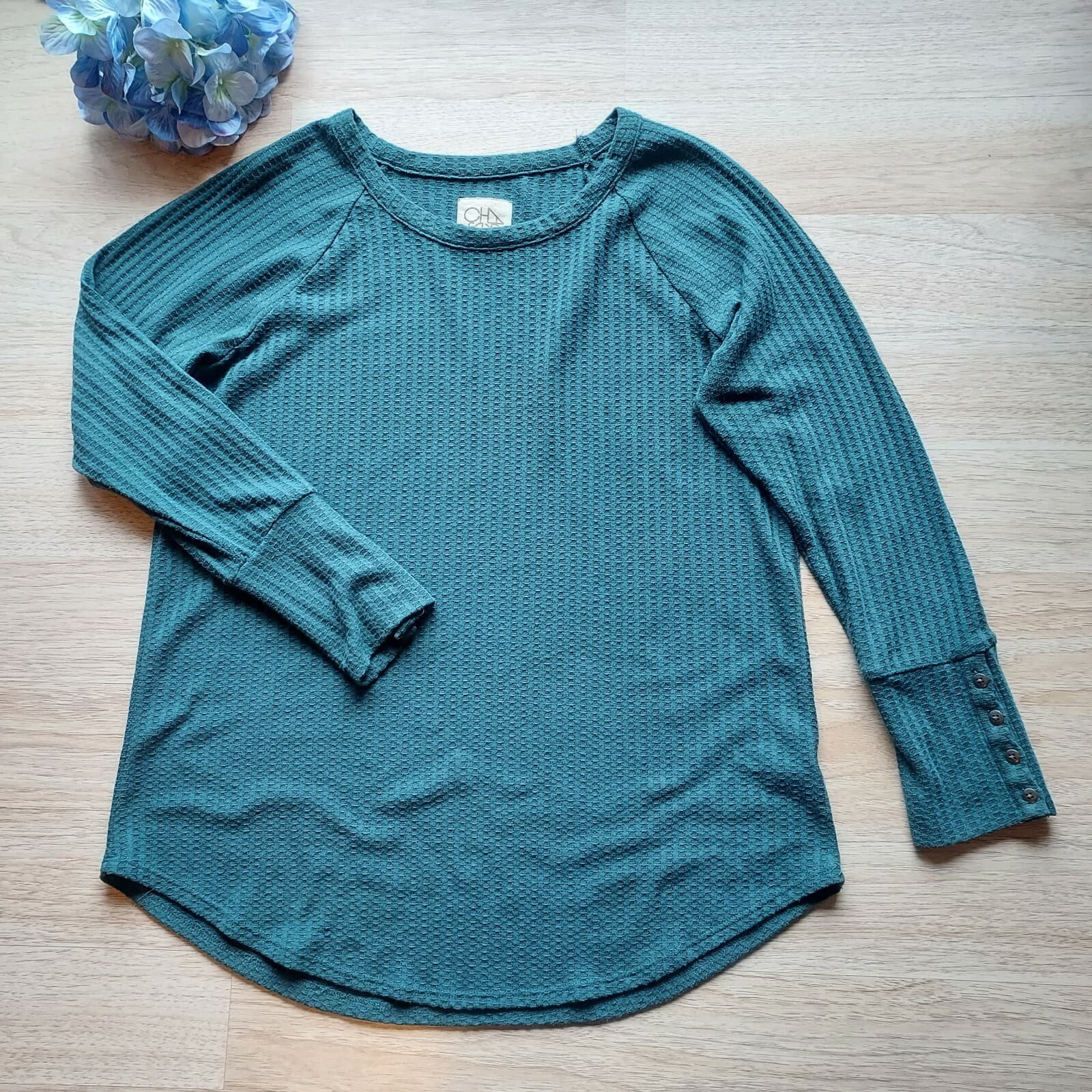 Chaser Waffle Knit Thermal Tunic Top Long Sleeve Scoop Neck Green Women XL - Thumbnail 2