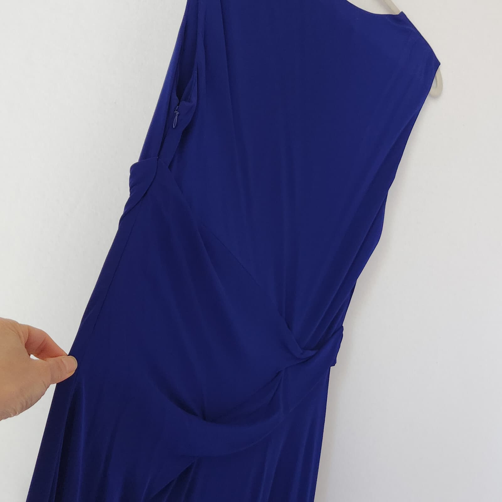 ST. JOHN Asymmetrical Ruched Maxi Evening Dress Sleeveless Jersey Blue Sz.12 - Thumbnail 8