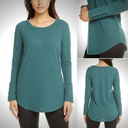 Chaser Waffle Knit Thermal Tunic Top Long Sleeve Scoop Neck Green Women XL