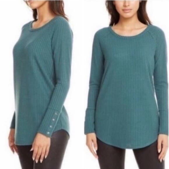 Chaser Waffle Knit Thermal Tunic Top Long Sleeve Scoop Neck Green Women XL - Thumbnail 3
