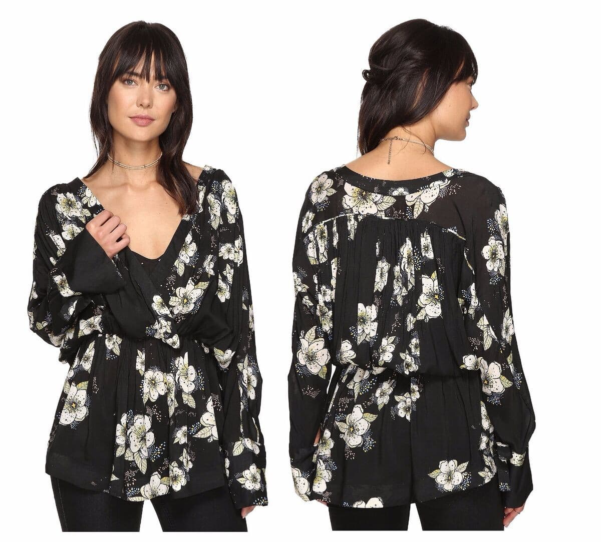 NWoT Free People Tuscan Dreams Gathered Waist Top Long Sleeve Floral Black S/M - Thumbnail 4
