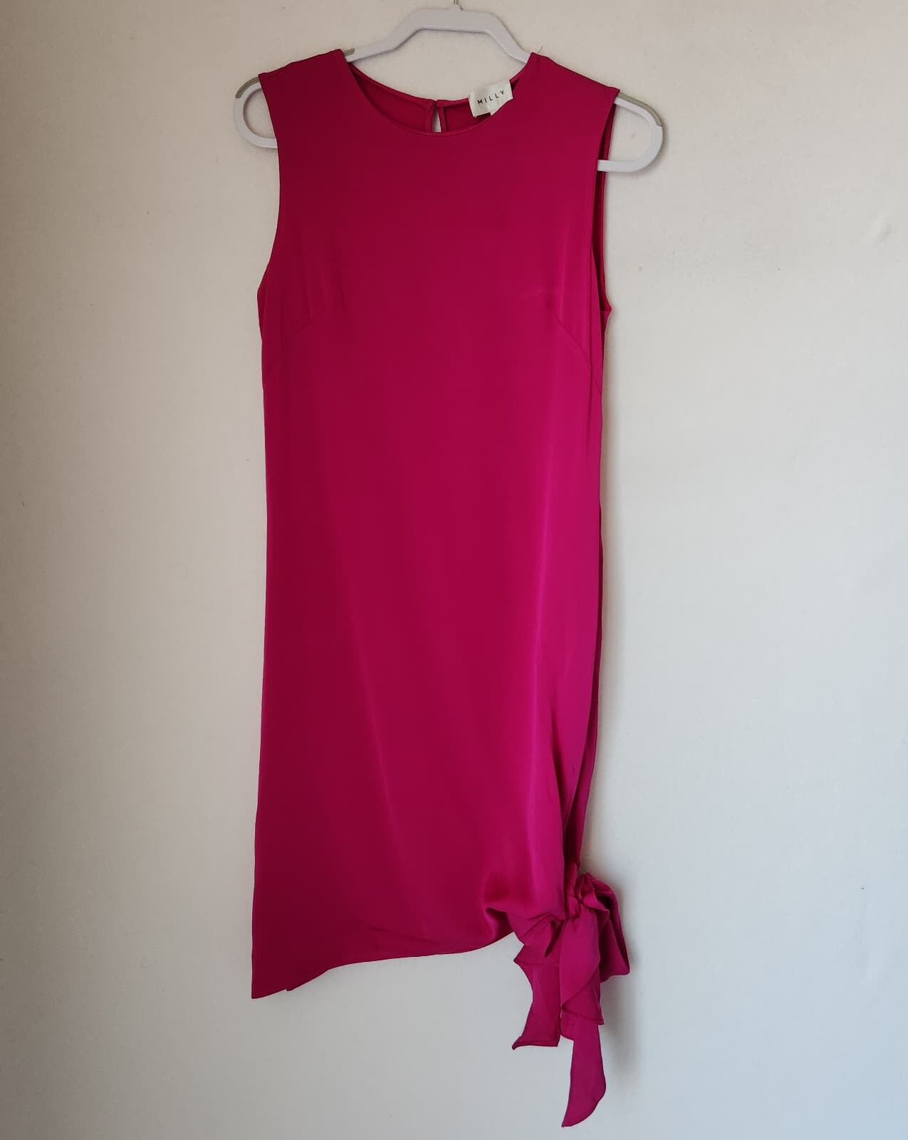 NWT MILLY Chiara Silk Shift Dress Asymmetric Tie-Hem Sleeveless Pink Magen Sz.6 - Thumbnail 3