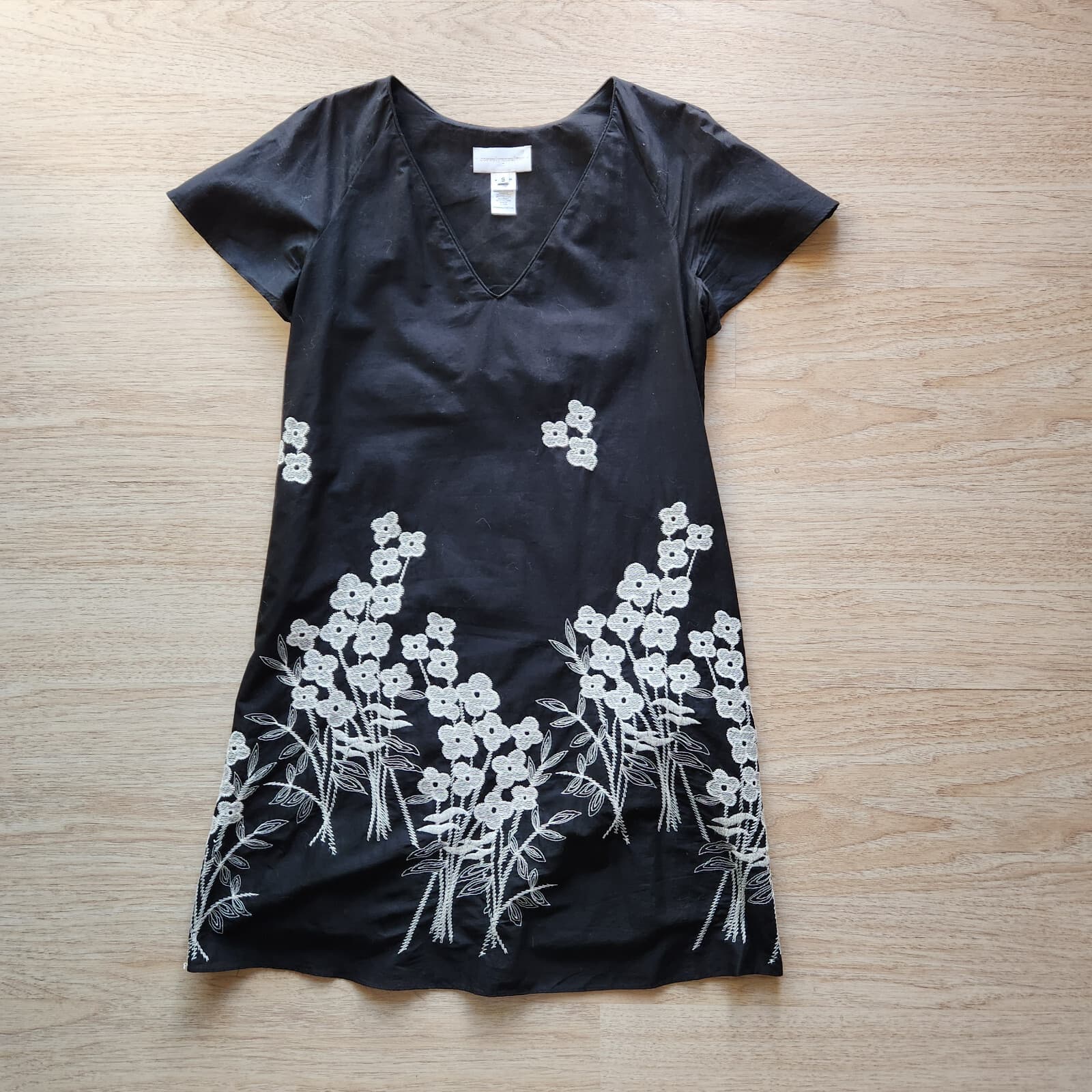COREY LYNN CALTER Anthropologie Embroidered Floral Shift Dress Cotton Black Sz.S - Thumbnail 3