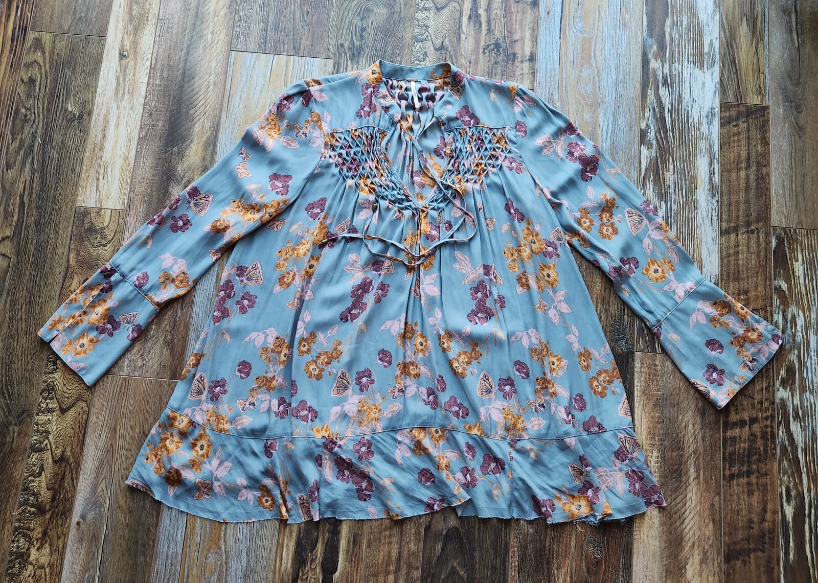 Free People M So Fine Smocked Butterfly Floral Hippie Tunic Blouse Long Sleeve M - Thumbnail 9