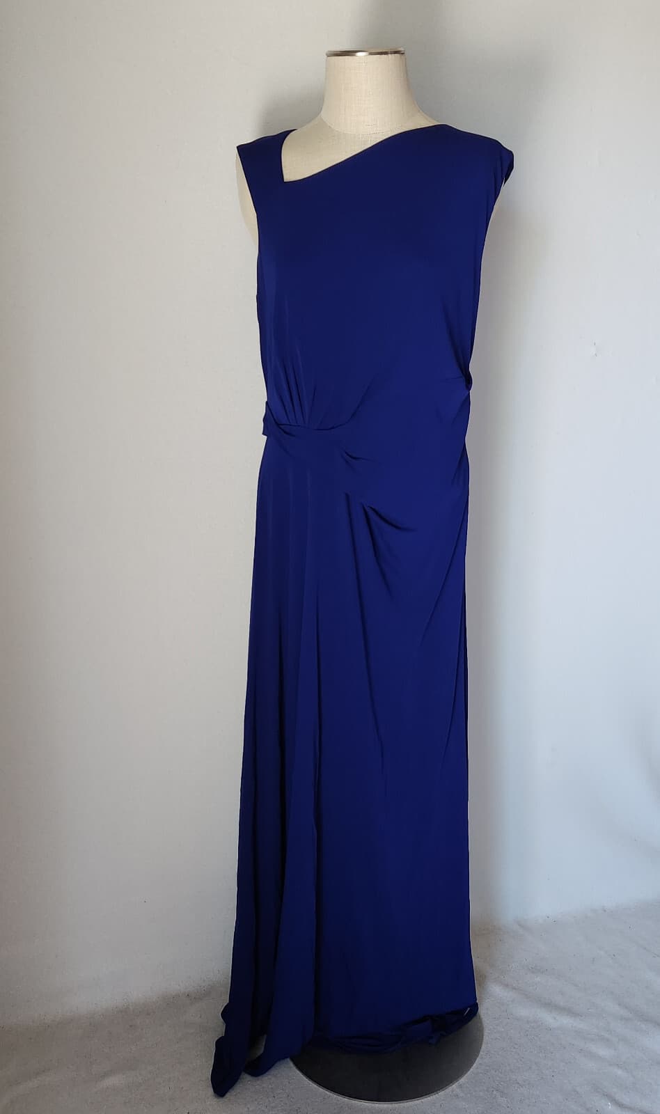 ST. JOHN Asymmetrical Ruched Maxi Evening Dress Sleeveless Jersey Blue Sz.12 - Thumbnail 3