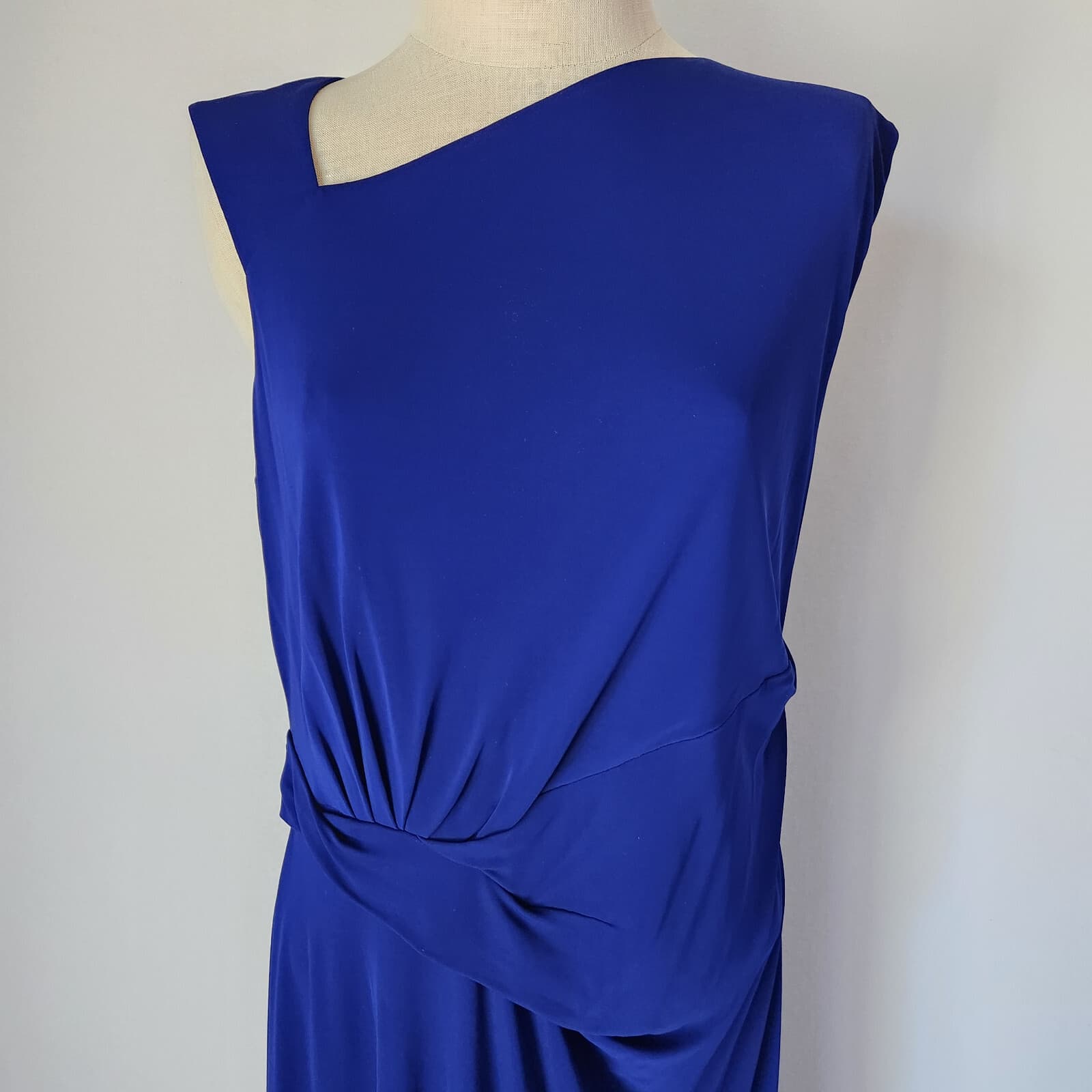 ST. JOHN Asymmetrical Ruched Maxi Evening Dress Sleeveless Jersey Blue Sz.12 - Thumbnail 2