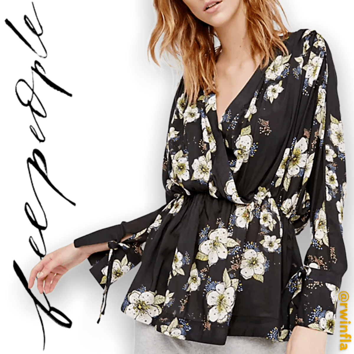 NWoT Free People Tuscan Dreams Gathered Waist Top Long Sleeve Floral Black S/M - Thumbnail 3