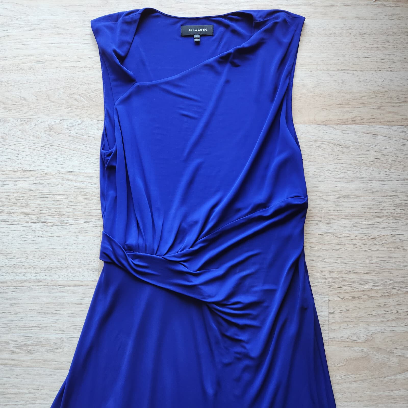 ST. JOHN Asymmetrical Ruched Maxi Evening Dress Sleeveless Jersey Blue Sz.12 - Thumbnail 6