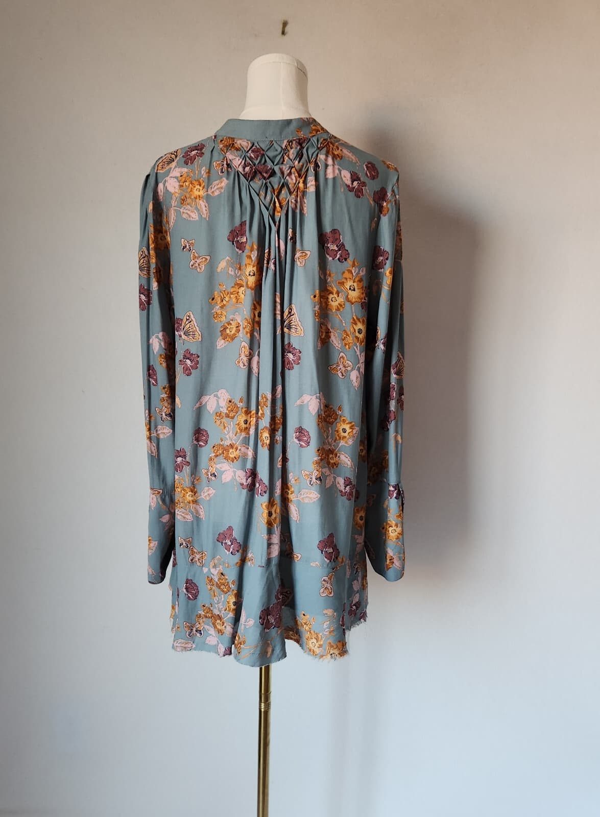 Free People M So Fine Smocked Butterfly Floral Hippie Tunic Blouse Long Sleeve M - Thumbnail 8