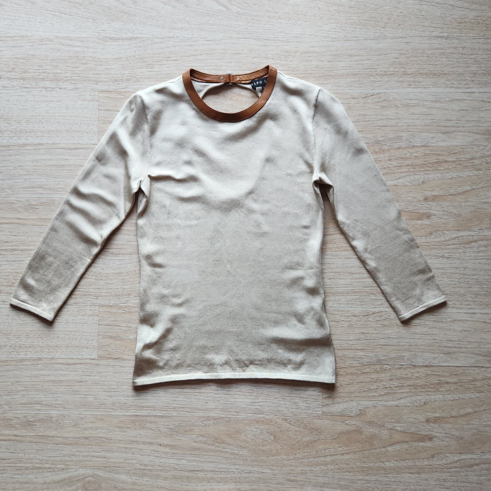 Ralph Lauren Black Label Silk Leather Trim Top Crew-Neck 3/4 Sleeve Beige Sz.S - Thumbnail 7