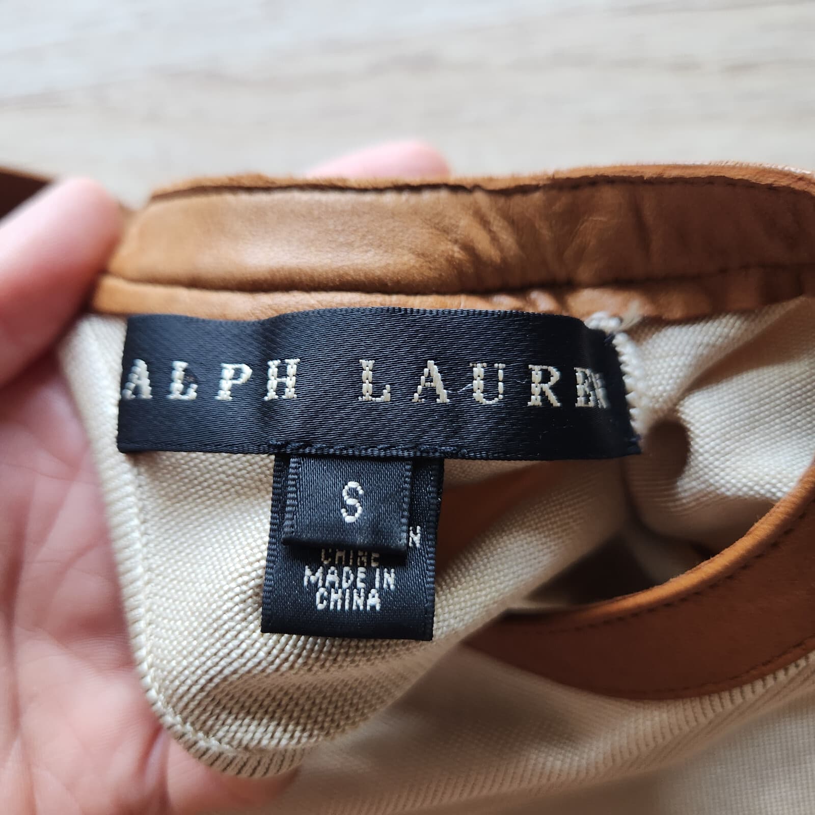 Ralph Lauren Black Label Silk Leather Trim Top Crew-Neck 3/4 Sleeve Beige Sz.S - Thumbnail 9