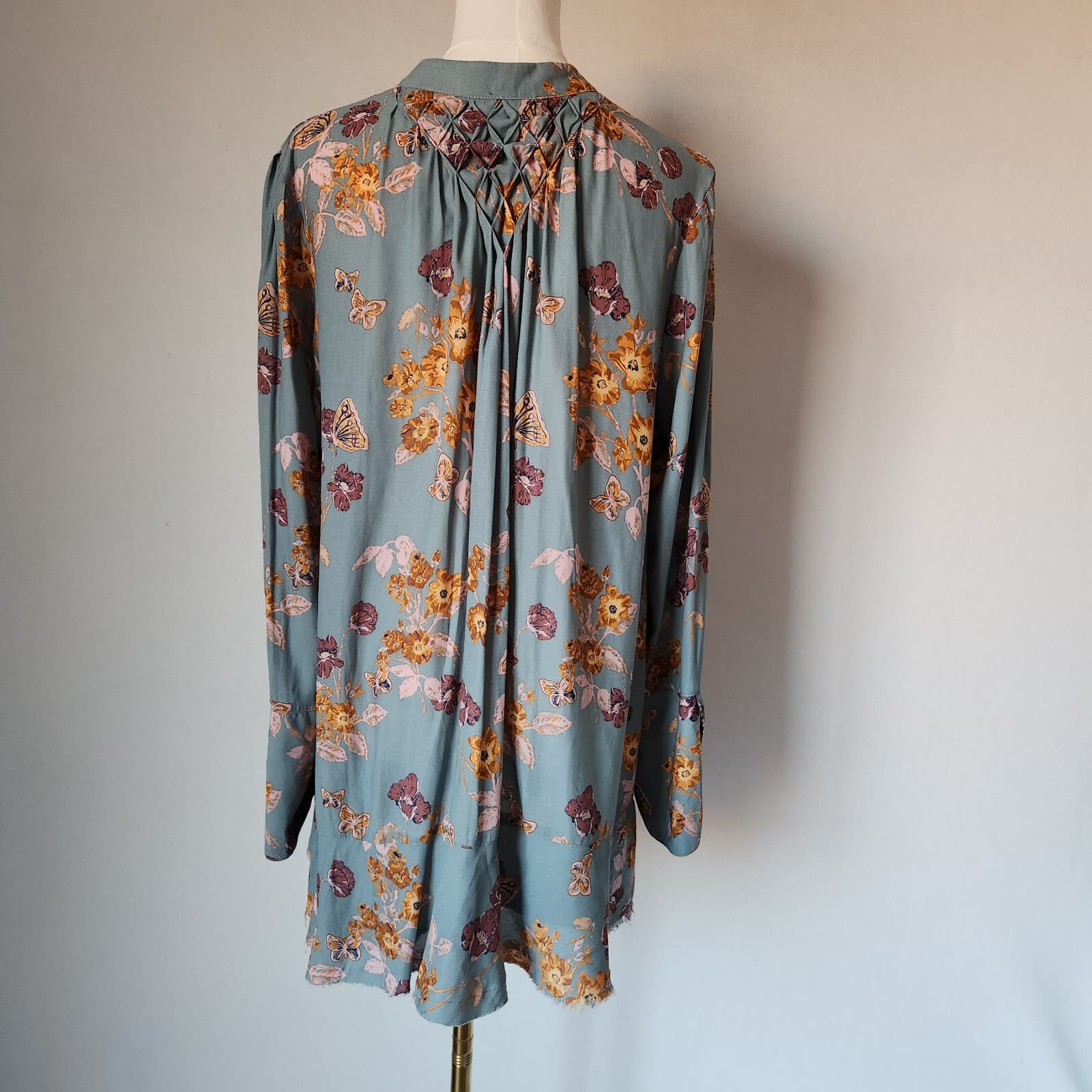 Free People M So Fine Smocked Butterfly Floral Hippie Tunic Blouse Long Sleeve M - Thumbnail 7