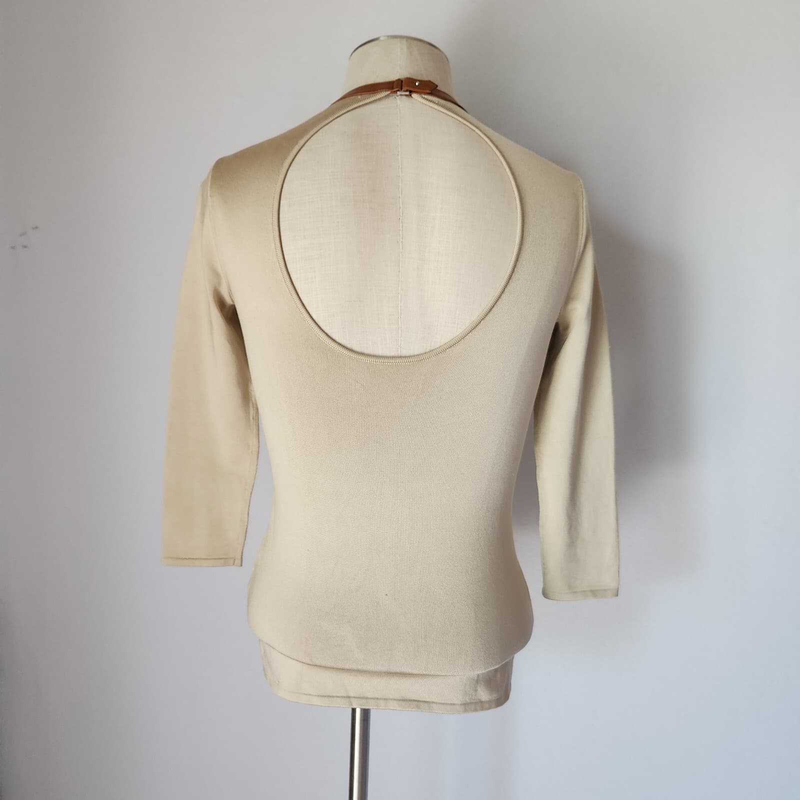 Ralph Lauren Black Label Silk Leather Trim Top Crew-Neck 3/4 Sleeve Beige Sz.S - Thumbnail 2