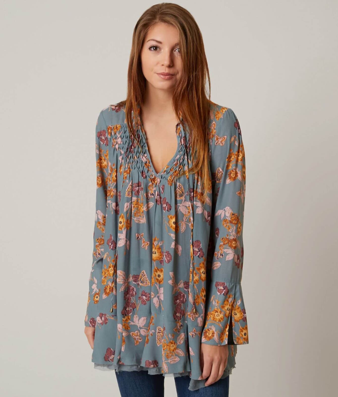 Free People M So Fine Smocked Butterfly Floral Hippie Tunic Blouse Long Sleeve M - Thumbnail 2