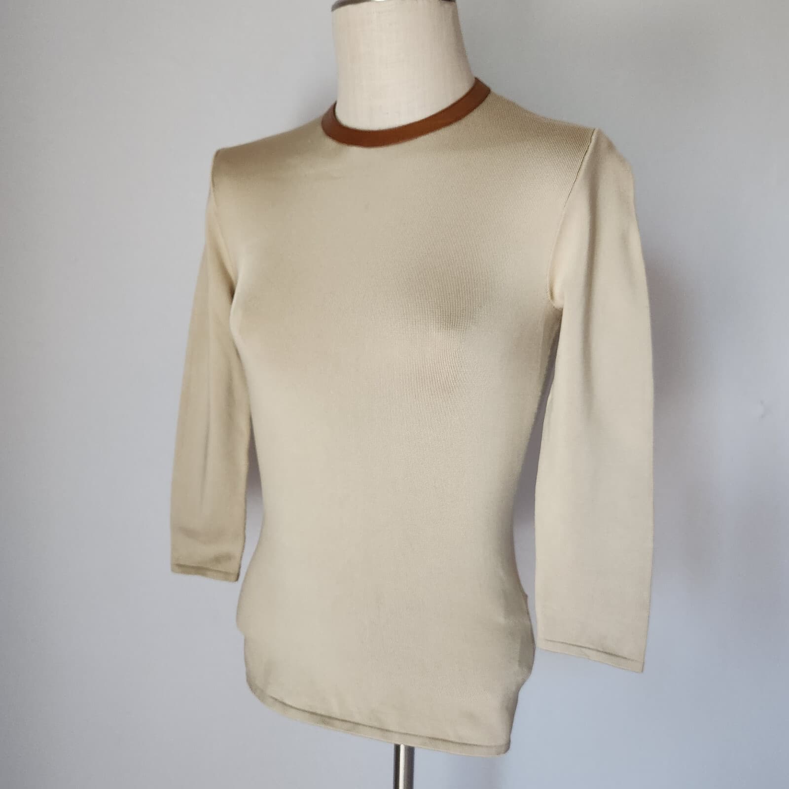 Ralph Lauren Black Label Silk Leather Trim Top Crew-Neck 3/4 Sleeve Beige Sz.S - Thumbnail 3