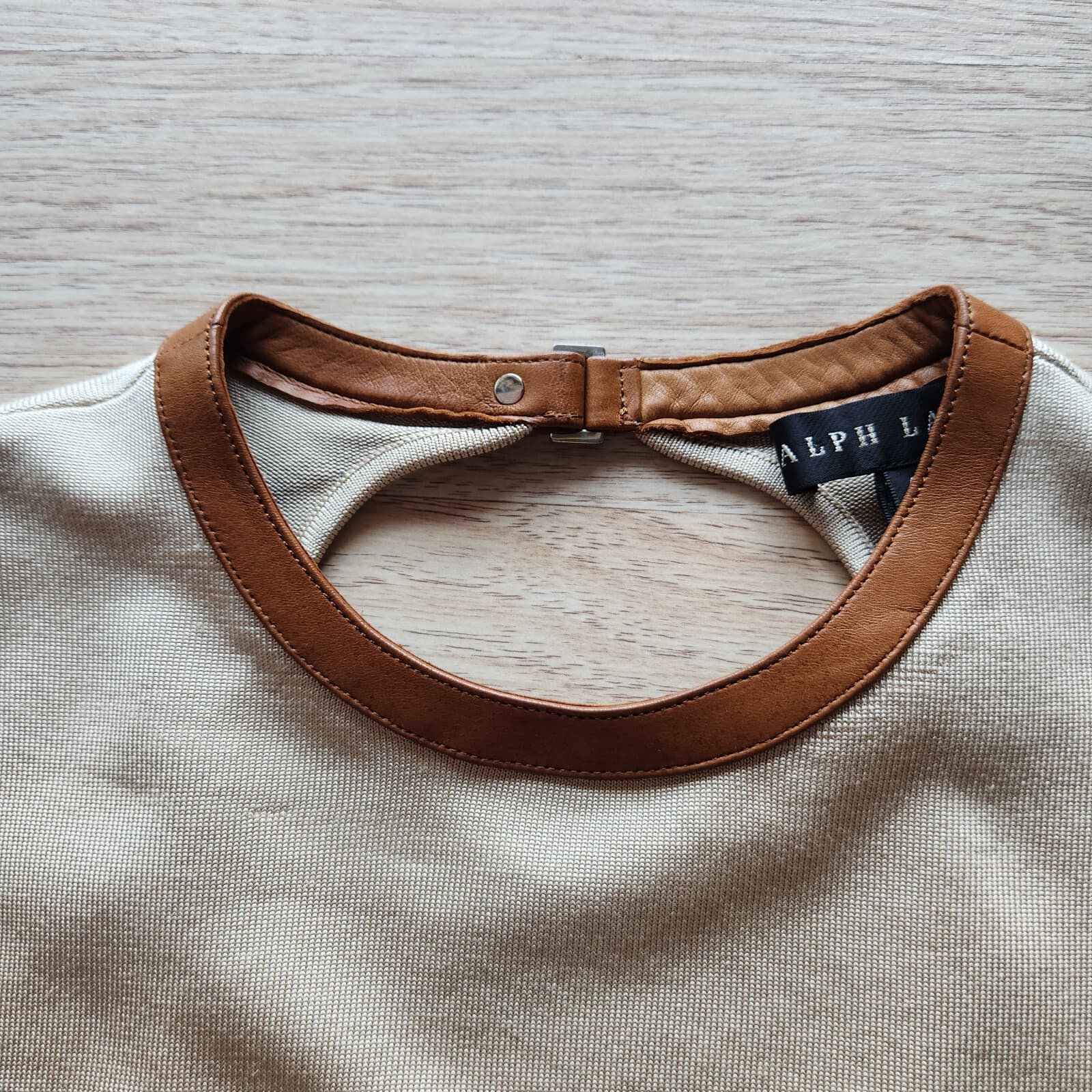 Ralph Lauren Black Label Silk Leather Trim Top Crew-Neck 3/4 Sleeve Beige Sz.S - Thumbnail 8