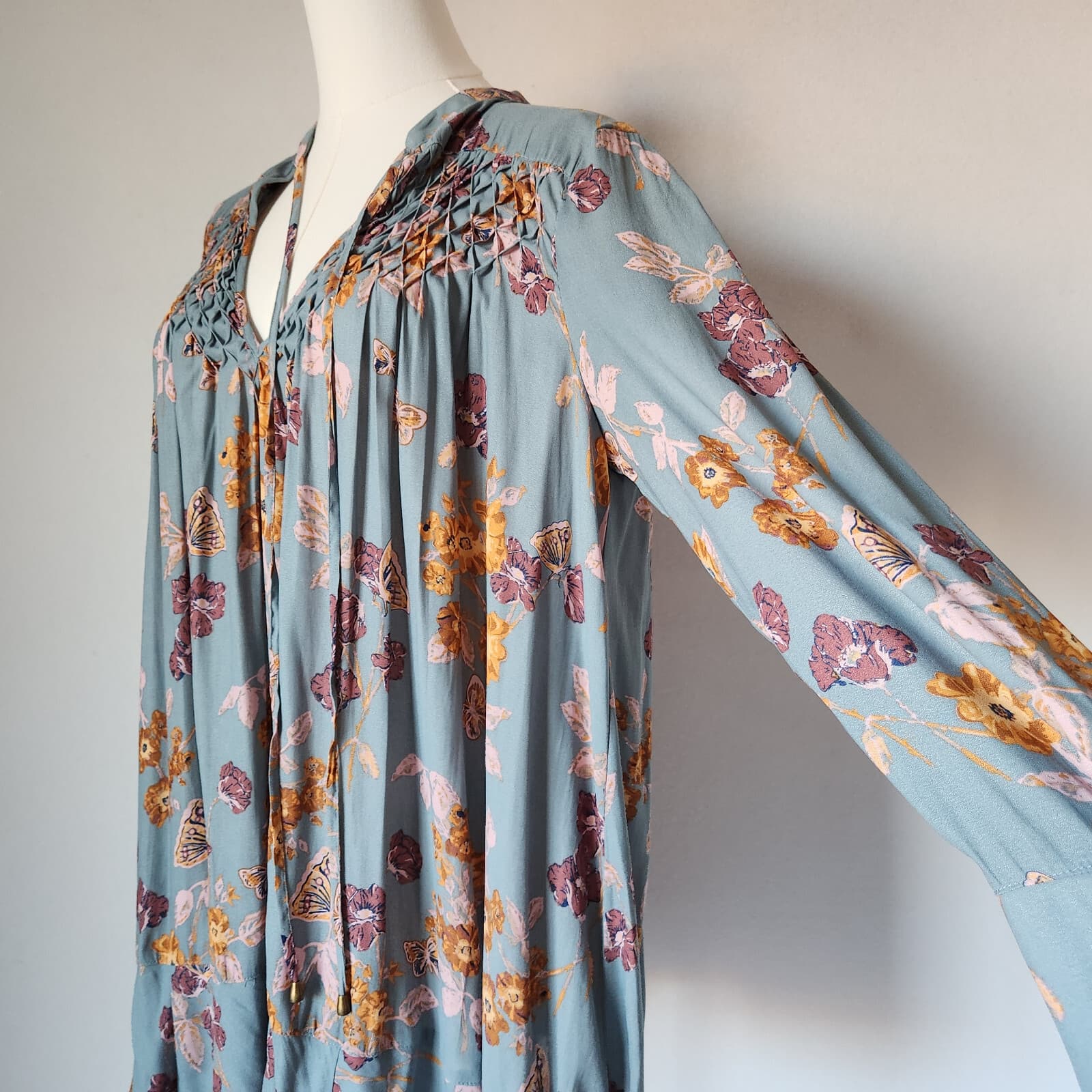 Free People M So Fine Smocked Butterfly Floral Hippie Tunic Blouse Long Sleeve M - Thumbnail 5