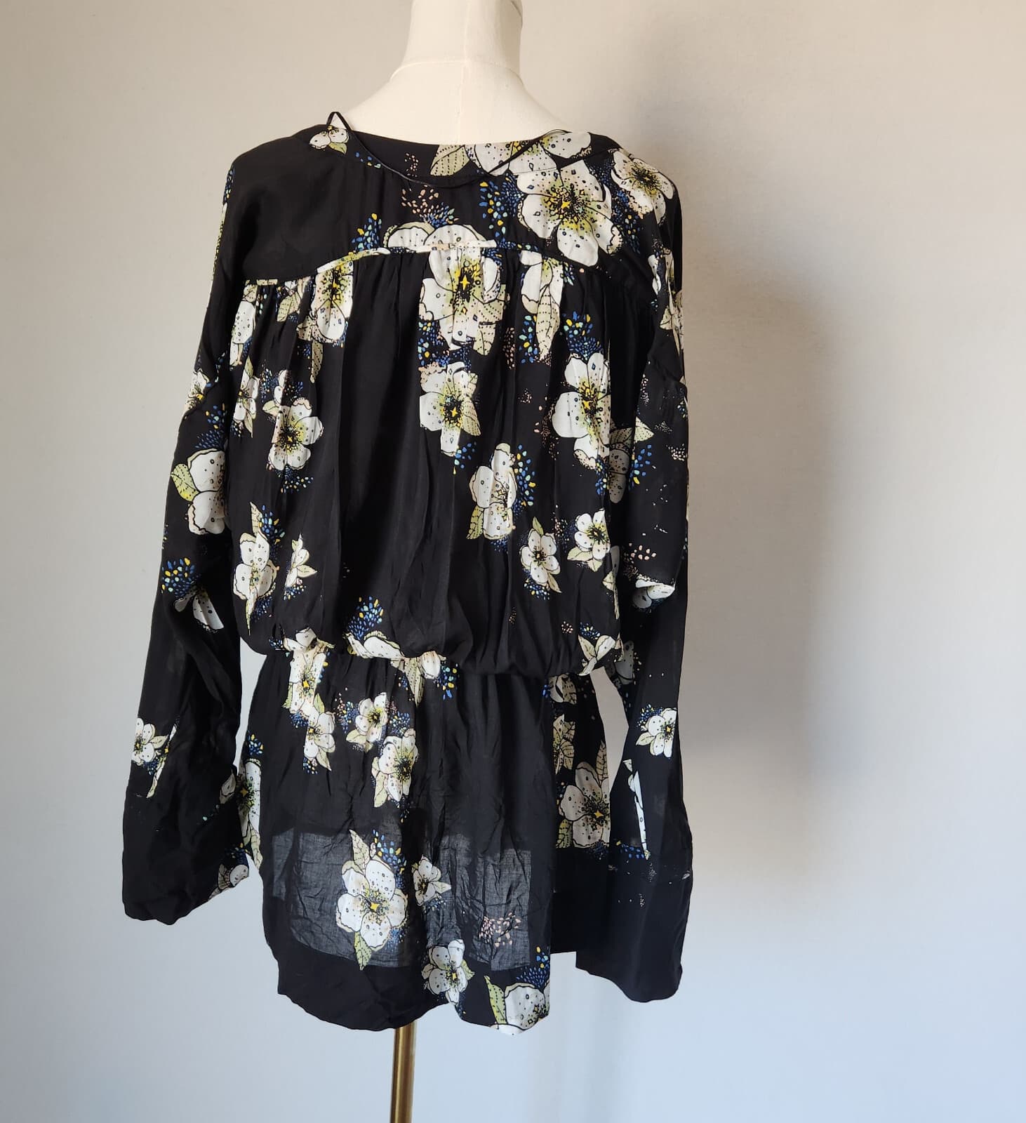 NWoT Free People Tuscan Dreams Gathered Waist Top Long Sleeve Floral Black S/M - Thumbnail 6