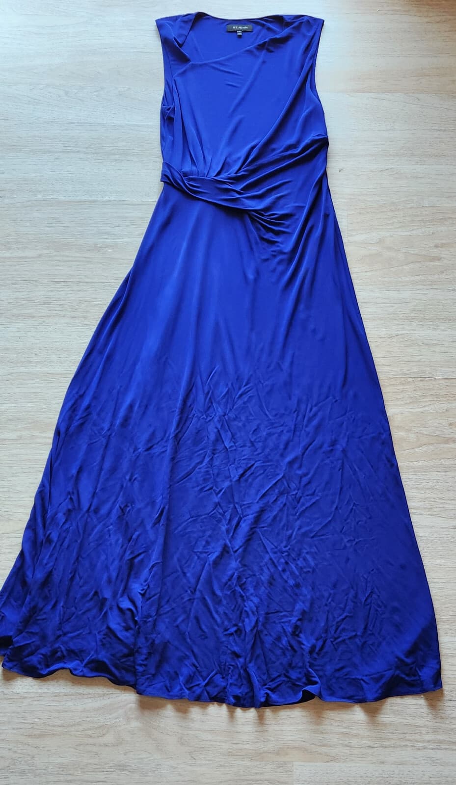 ST. JOHN Asymmetrical Ruched Maxi Evening Dress Sleeveless Jersey Blue Sz.12 - Thumbnail 5