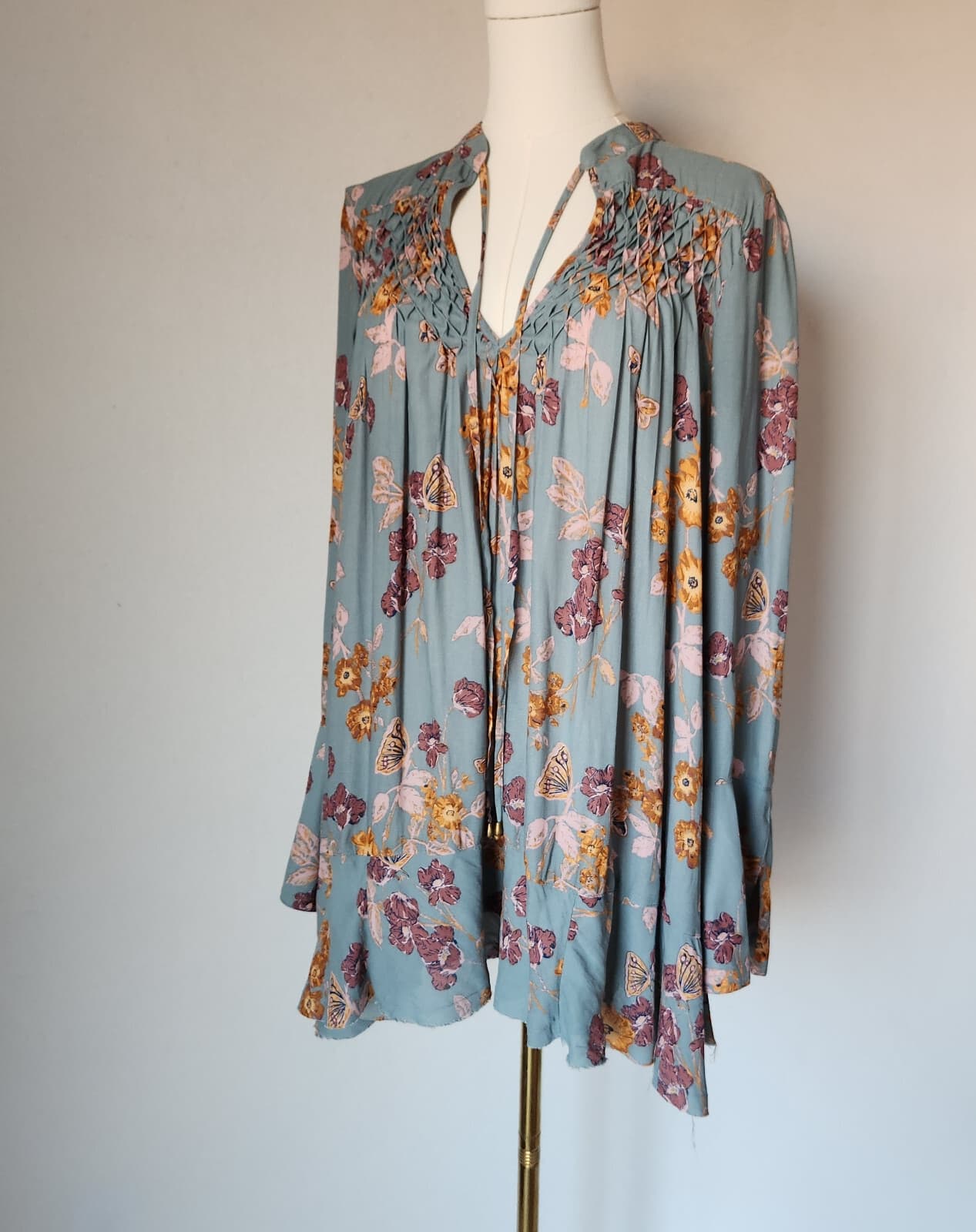 Free People M So Fine Smocked Butterfly Floral Hippie Tunic Blouse Long Sleeve M