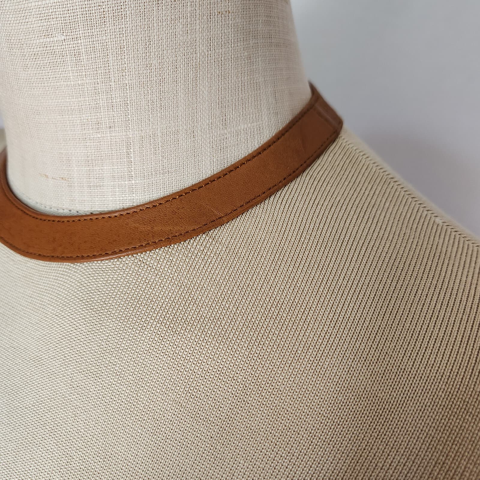 Ralph Lauren Black Label Silk Leather Trim Top Crew-Neck 3/4 Sleeve Beige Sz.S - Thumbnail 4
