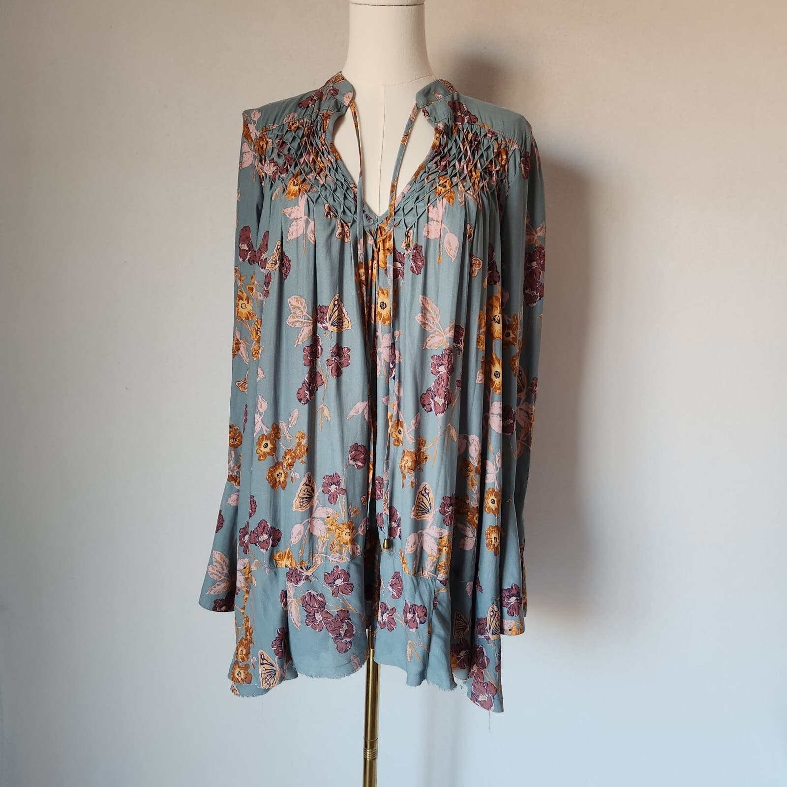 Free People M So Fine Smocked Butterfly Floral Hippie Tunic Blouse Long Sleeve M - Thumbnail 3