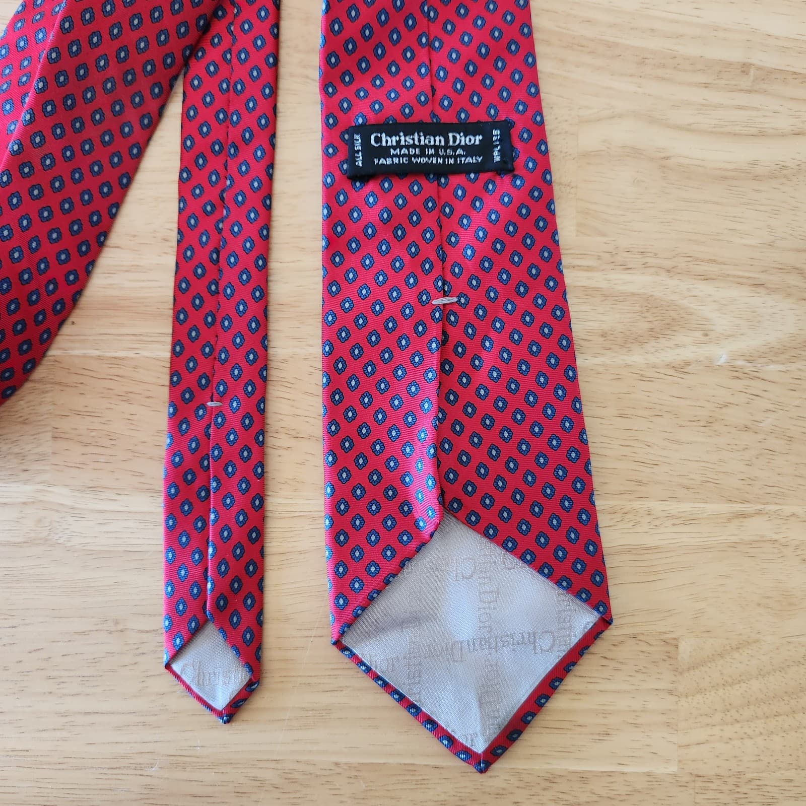 Vintage Christian Dior Made in USA 100% Italian Silk Diamond Neck-Tie Blue Red - Thumbnail 4