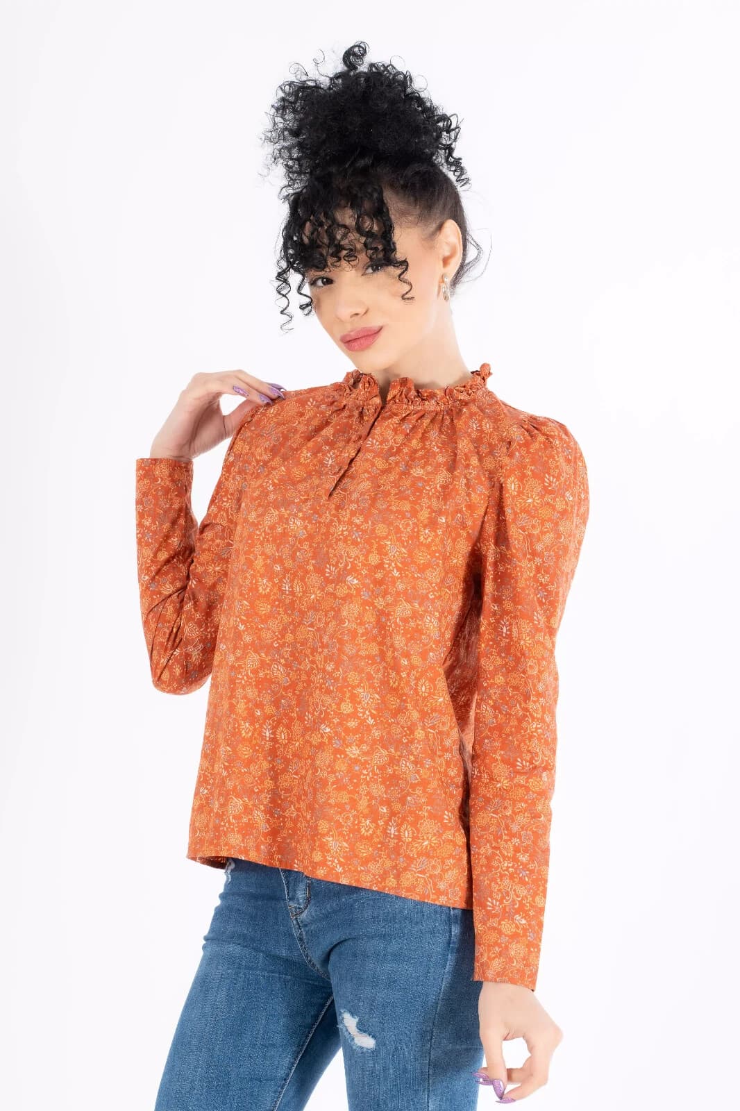 House of Harlow 1960 Nicole Richie Josepha Floral Blouse Long Sleeve Rust Sz.M - Thumbnail 4