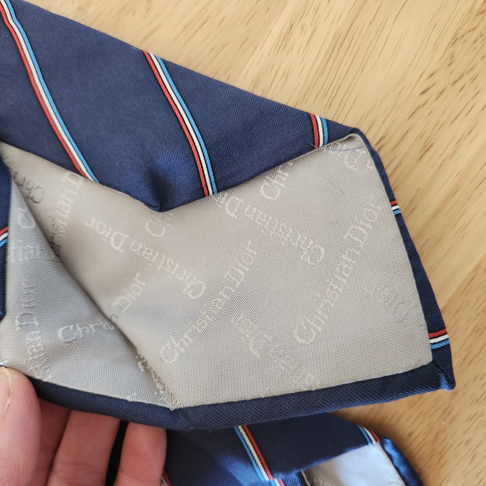 Vintage Christian Dior Silk Signature Logo Blue Red White Stripe Neck-Tie 56"x3" - Thumbnail 5