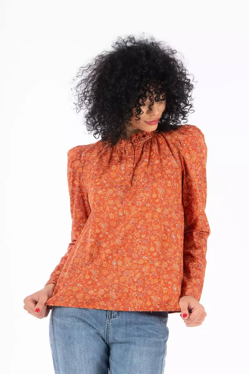House of Harlow 1960 Nicole Richie Josepha Floral Blouse Long Sleeve Rust Sz.M - Thumbnail 2